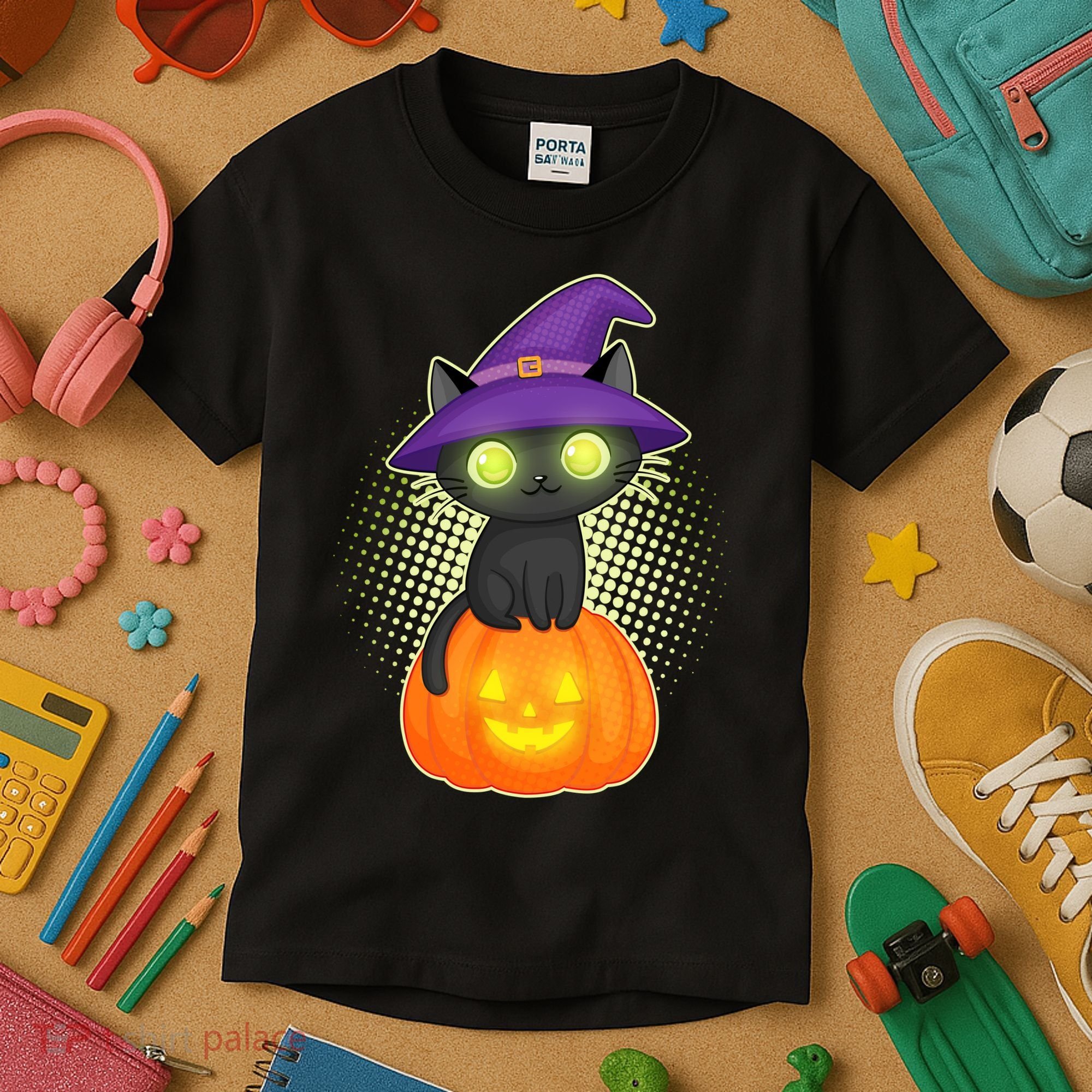Cute Witch Kitten With Pumpkin Kids T-Shirt