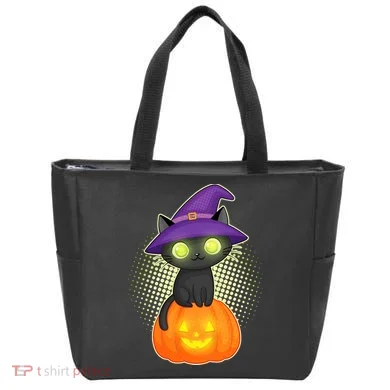 Cute Witch Kitten With Pumpkin Tote Bag