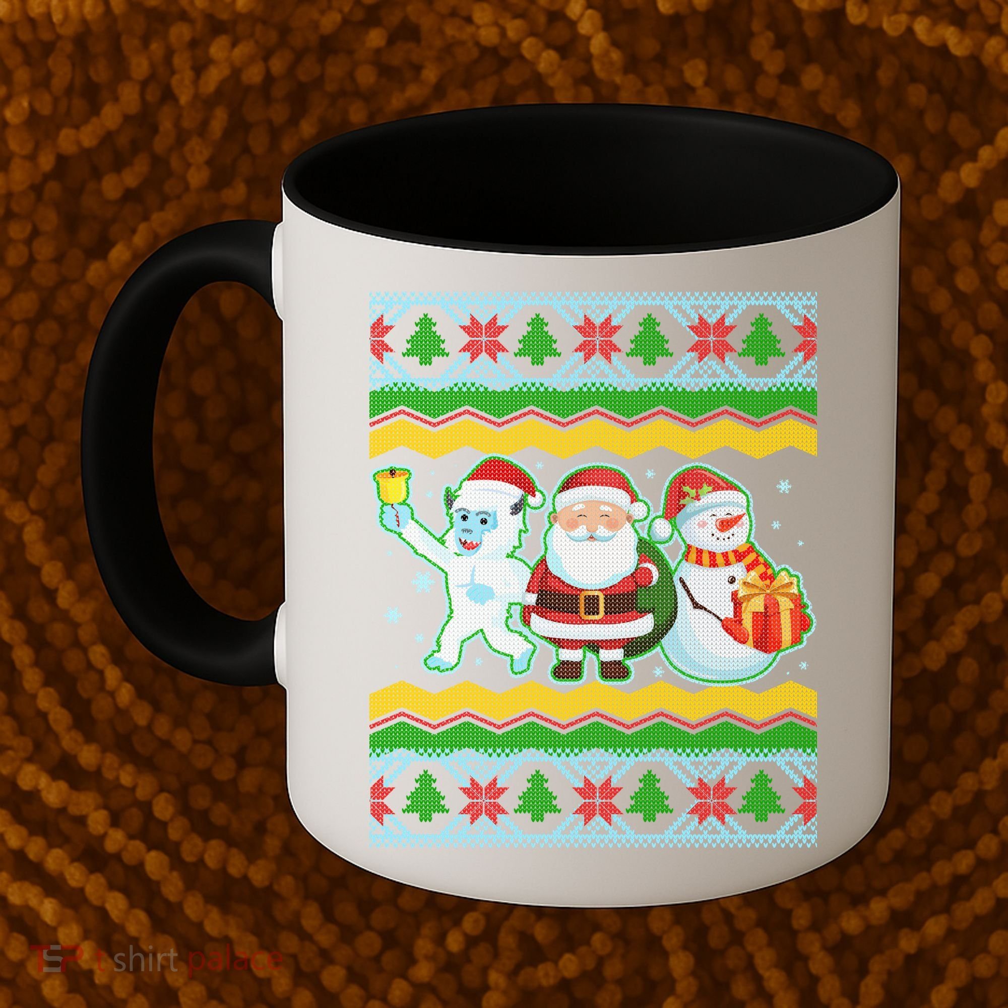 Cute Yeti Santa and Snowman Ugly Sweater Coffee Mug