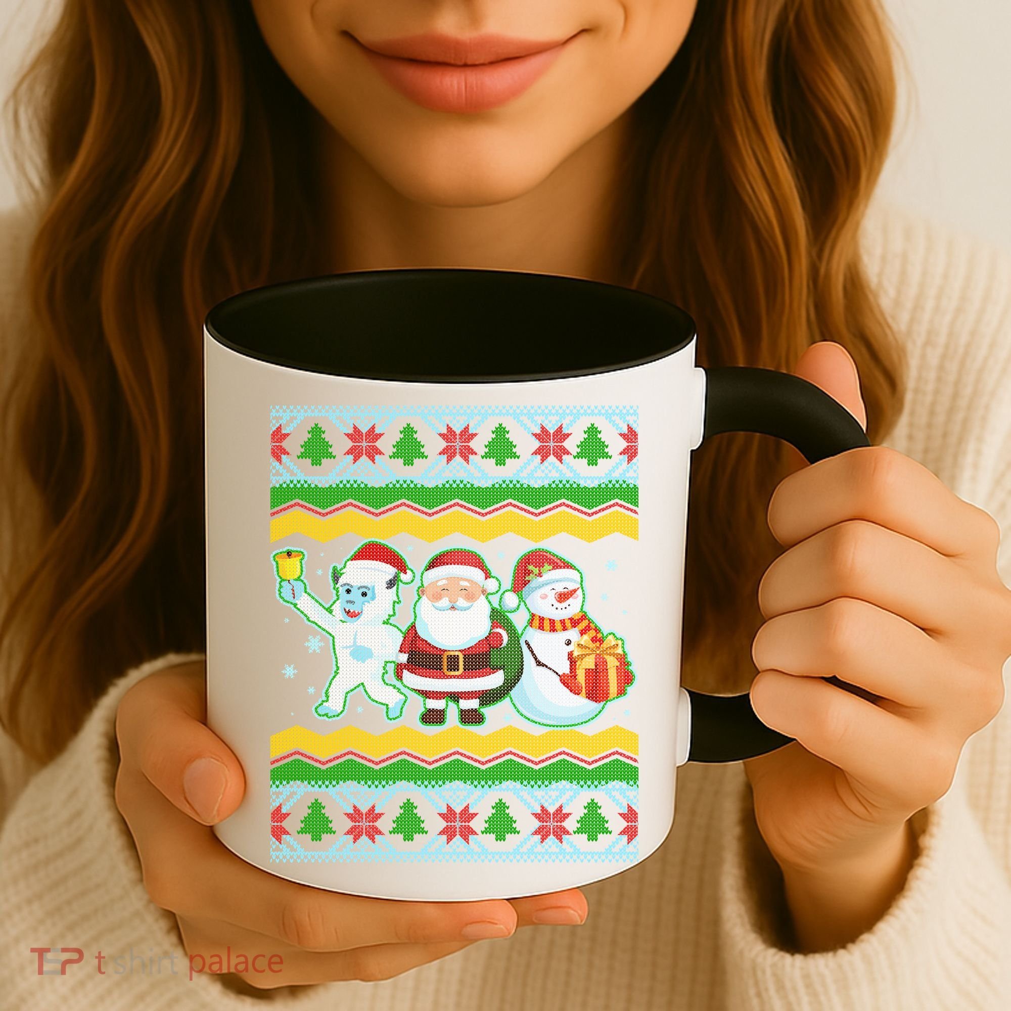 Cute Yeti Santa and Snowman Ugly Sweater Coffee Mug