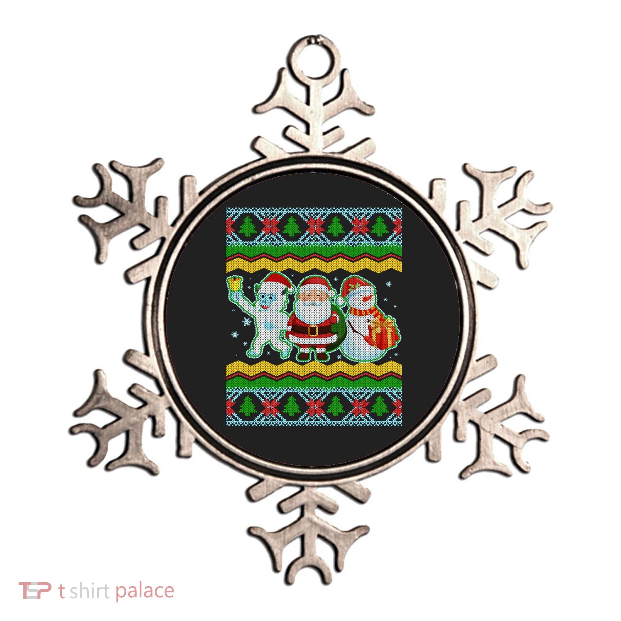 Cute Yeti Santa and Snowman Ugly Sweater Ornament