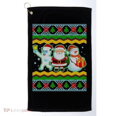 Cute Yeti Santa and Snowman Ugly Sweater Golf Towel