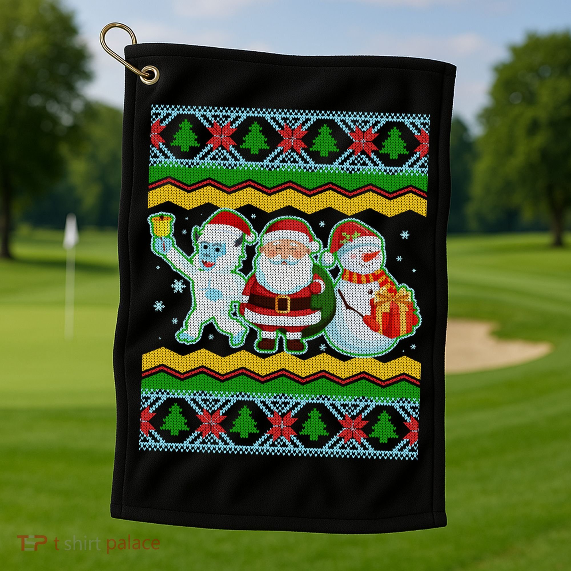 Cute Yeti Santa and Snowman Ugly Sweater Golf Towel
