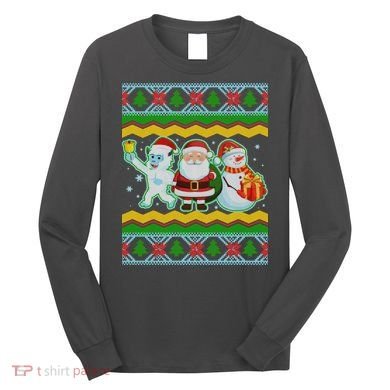 Cute Yeti Santa and Snowman Ugly Sweater Long Sleeve Shirt