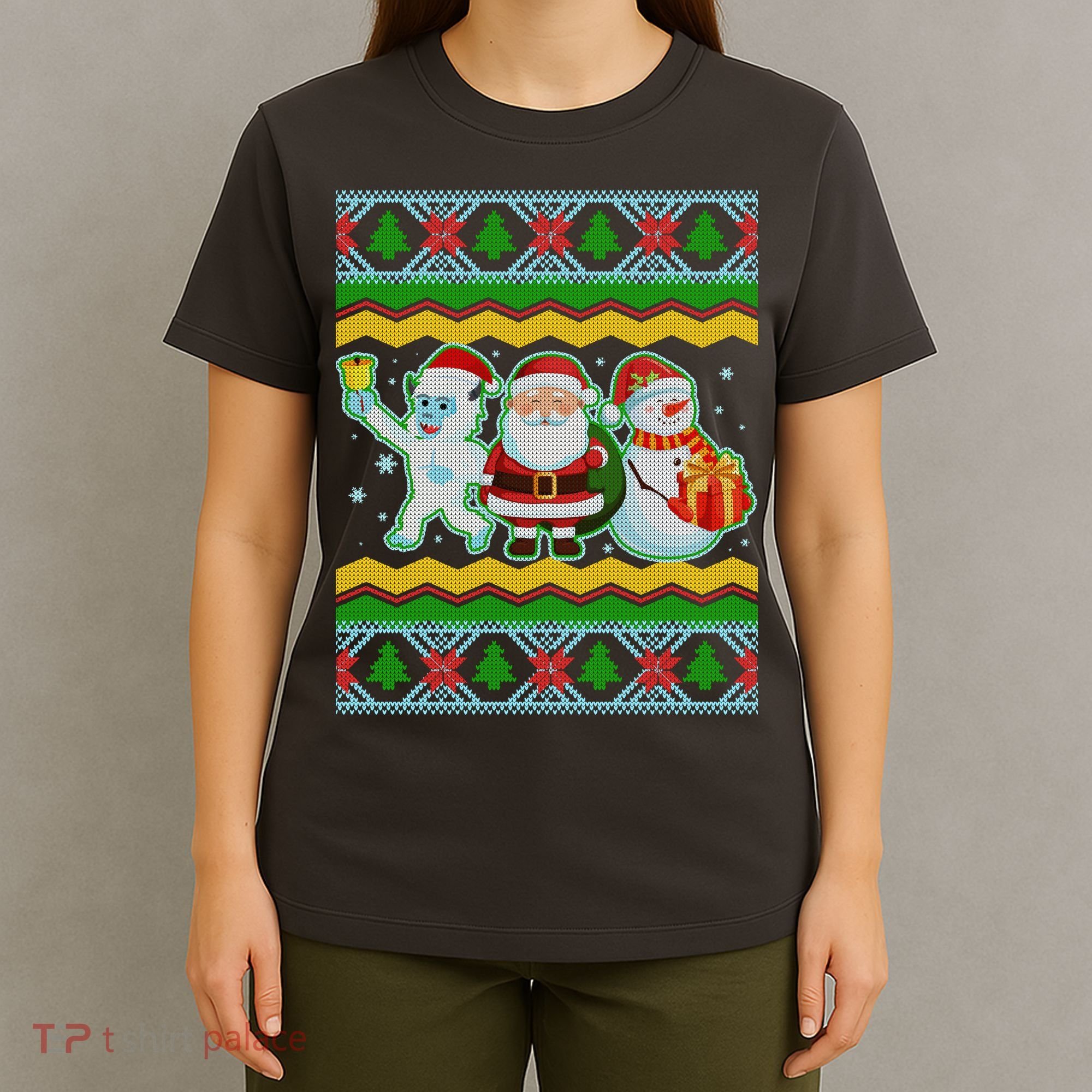 Cute Yeti Santa and Snowman Ugly Sweater T-Shirt