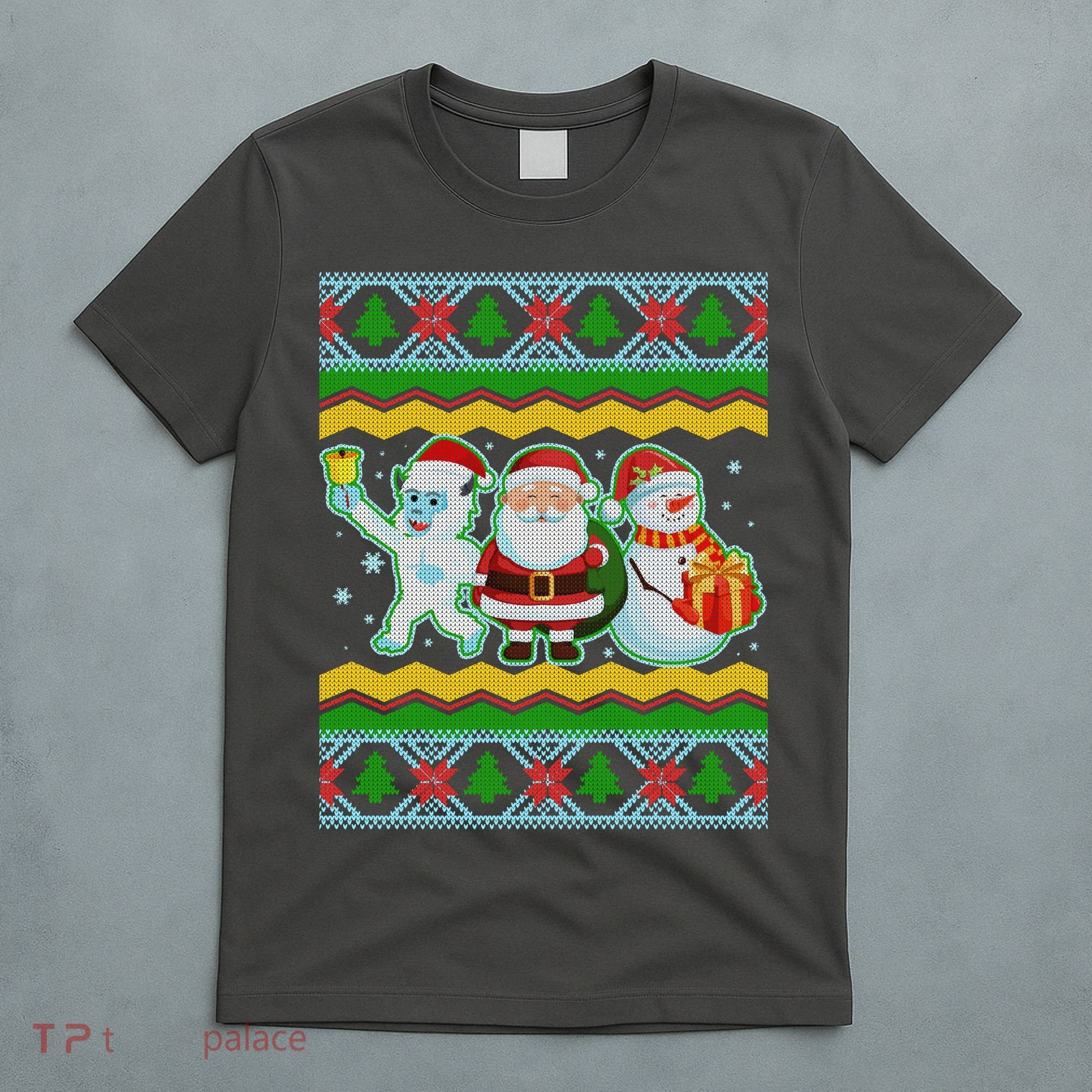 Cute Yeti Santa and Snowman Ugly Sweater T-Shirt