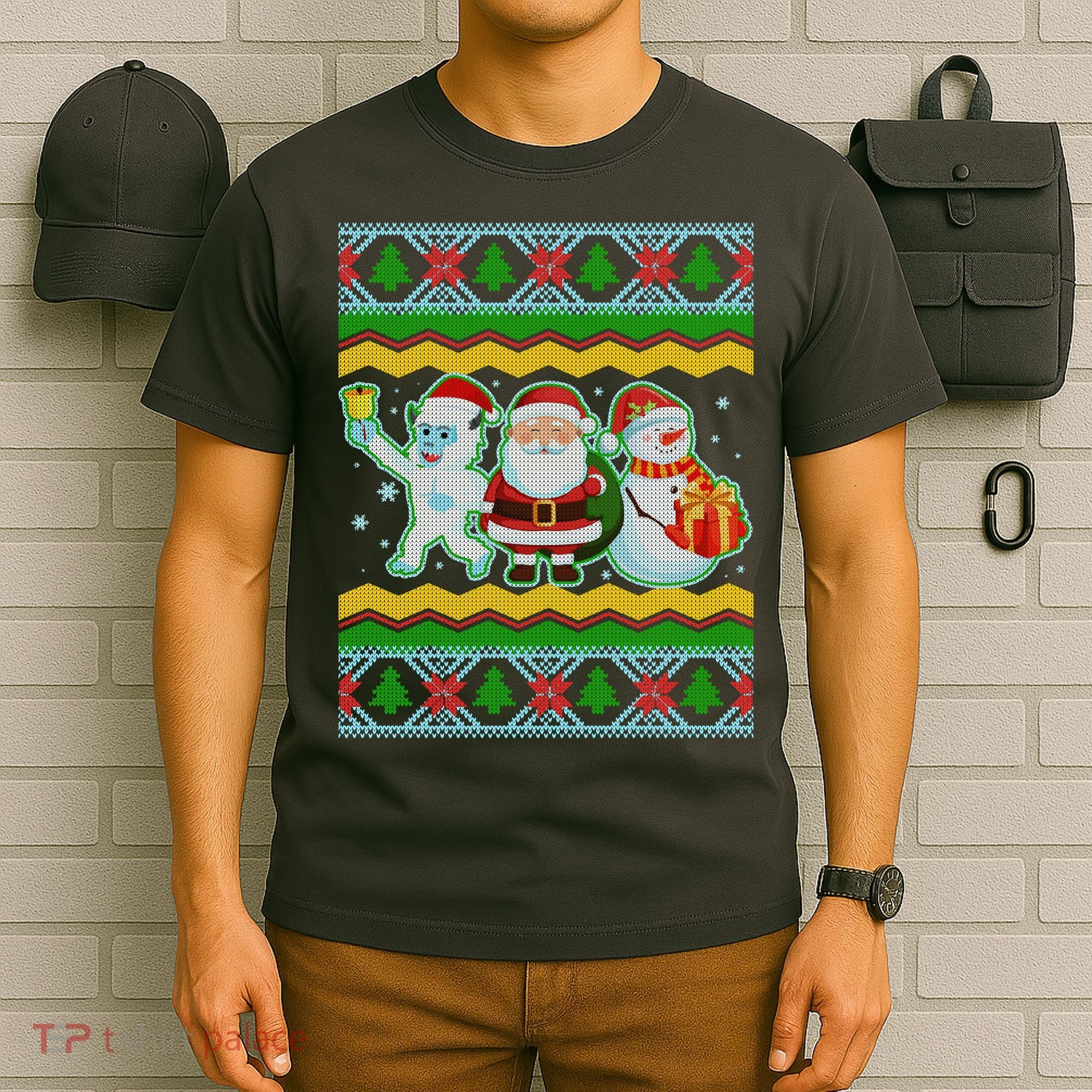 Cute Yeti Santa and Snowman Ugly Sweater T-Shirt