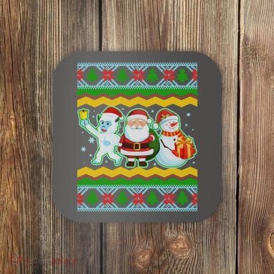 Cute Yeti Santa and Snowman Ugly Sweater Coaster