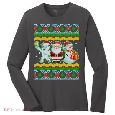 Cute Yeti Santa and Snowman Ugly Sweater Women's Long Sleeve Shirt