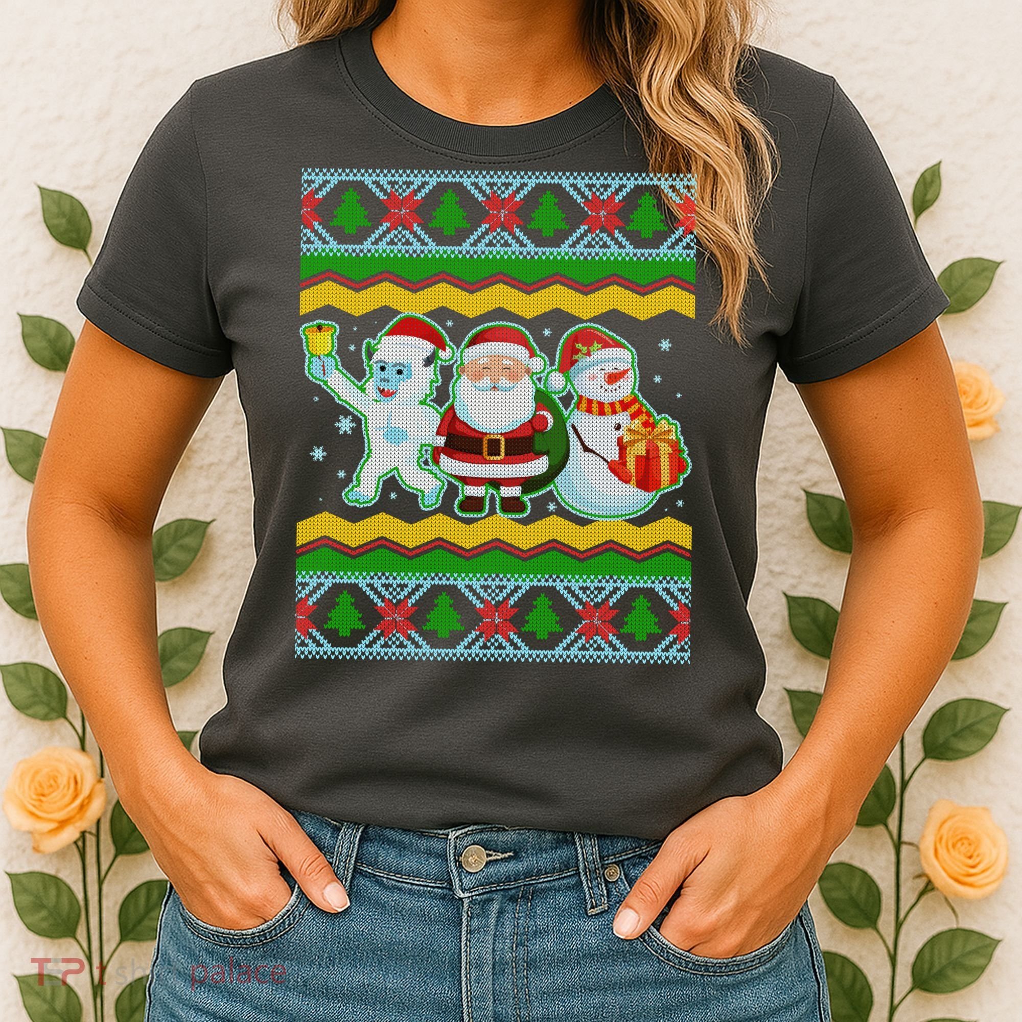Cute Yeti Santa and Snowman Ugly Sweater Women's T-Shirt