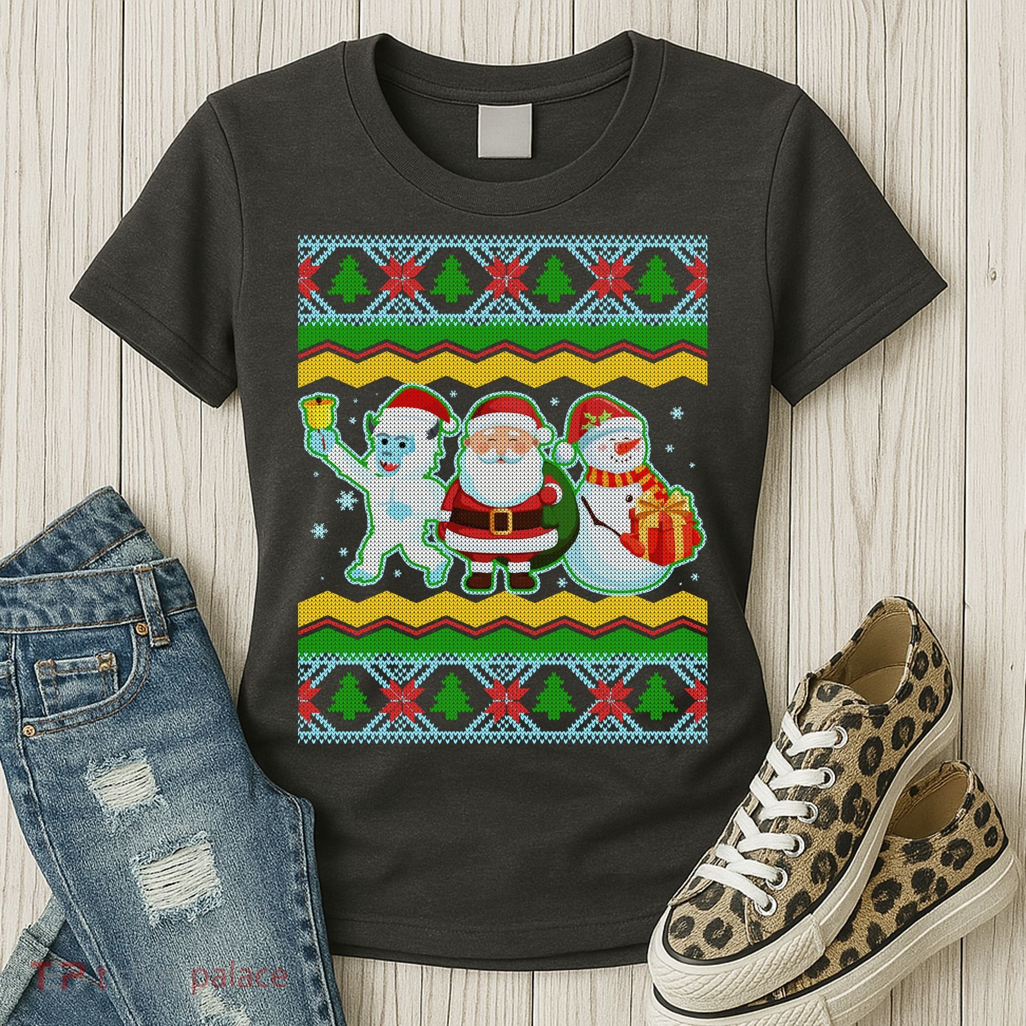 Cute Yeti Santa and Snowman Ugly Sweater Women's T-Shirt