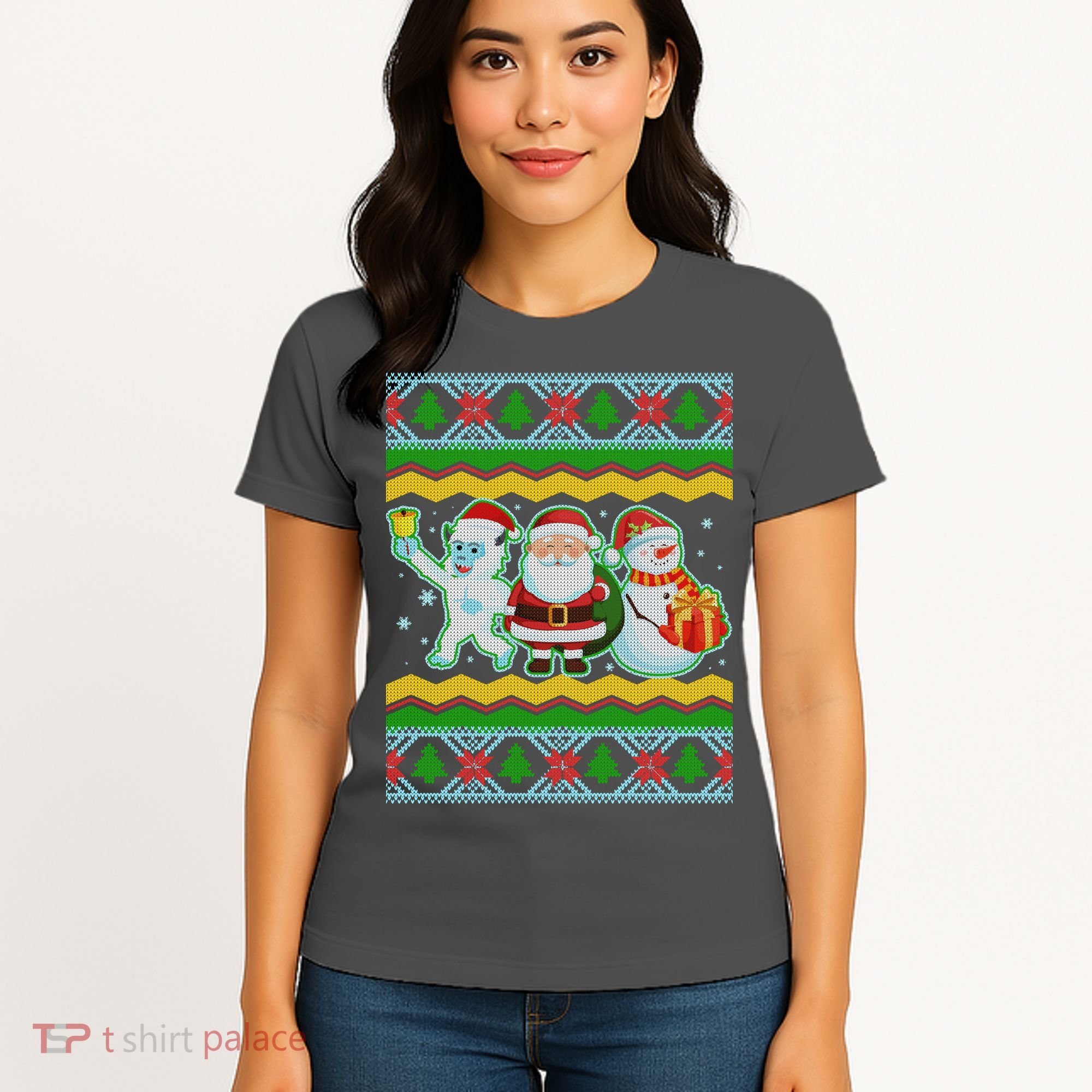 Cute Yeti Santa and Snowman Ugly Sweater Women's T-Shirt