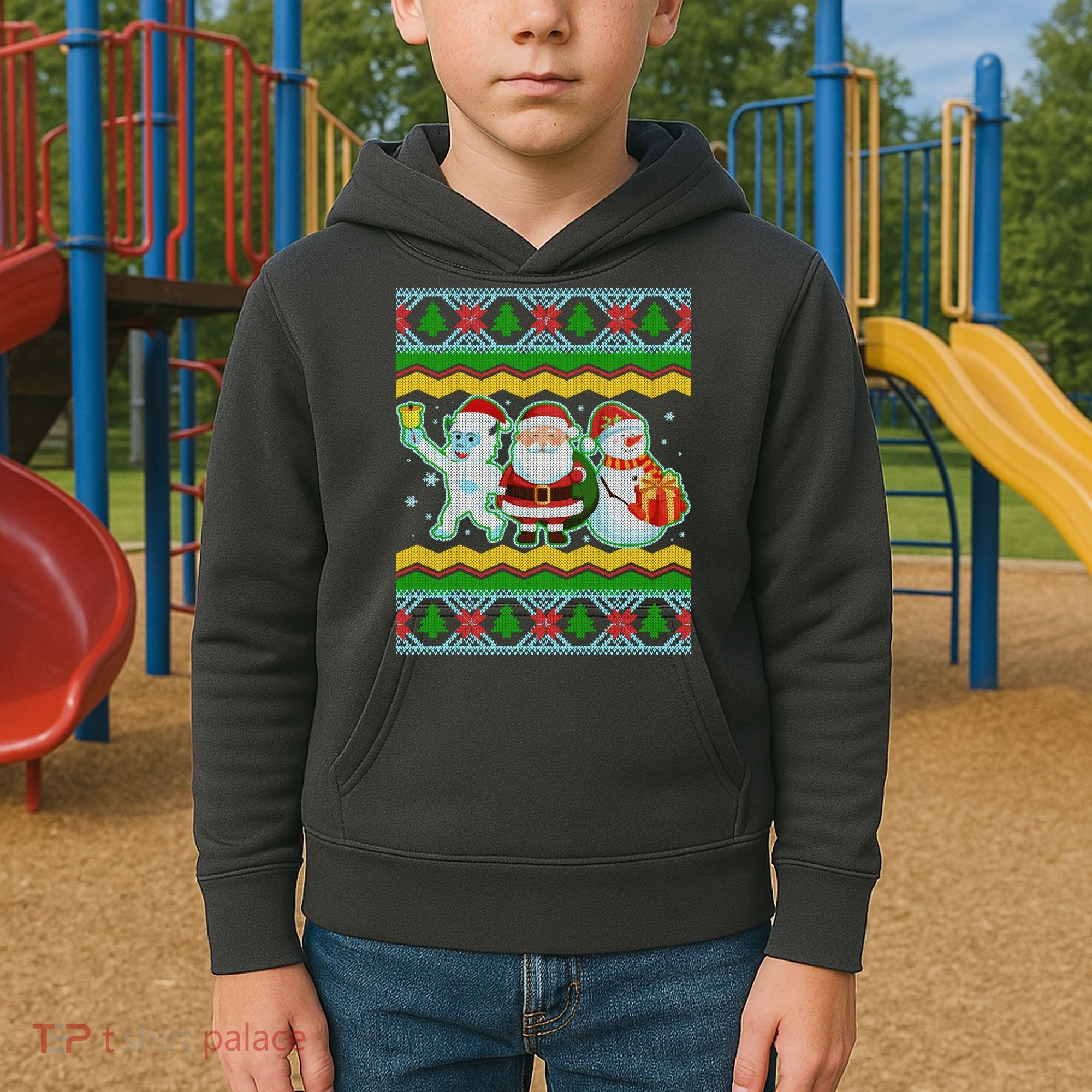 Cute Yeti Santa and Snowman Ugly Sweater Kids Hoodie