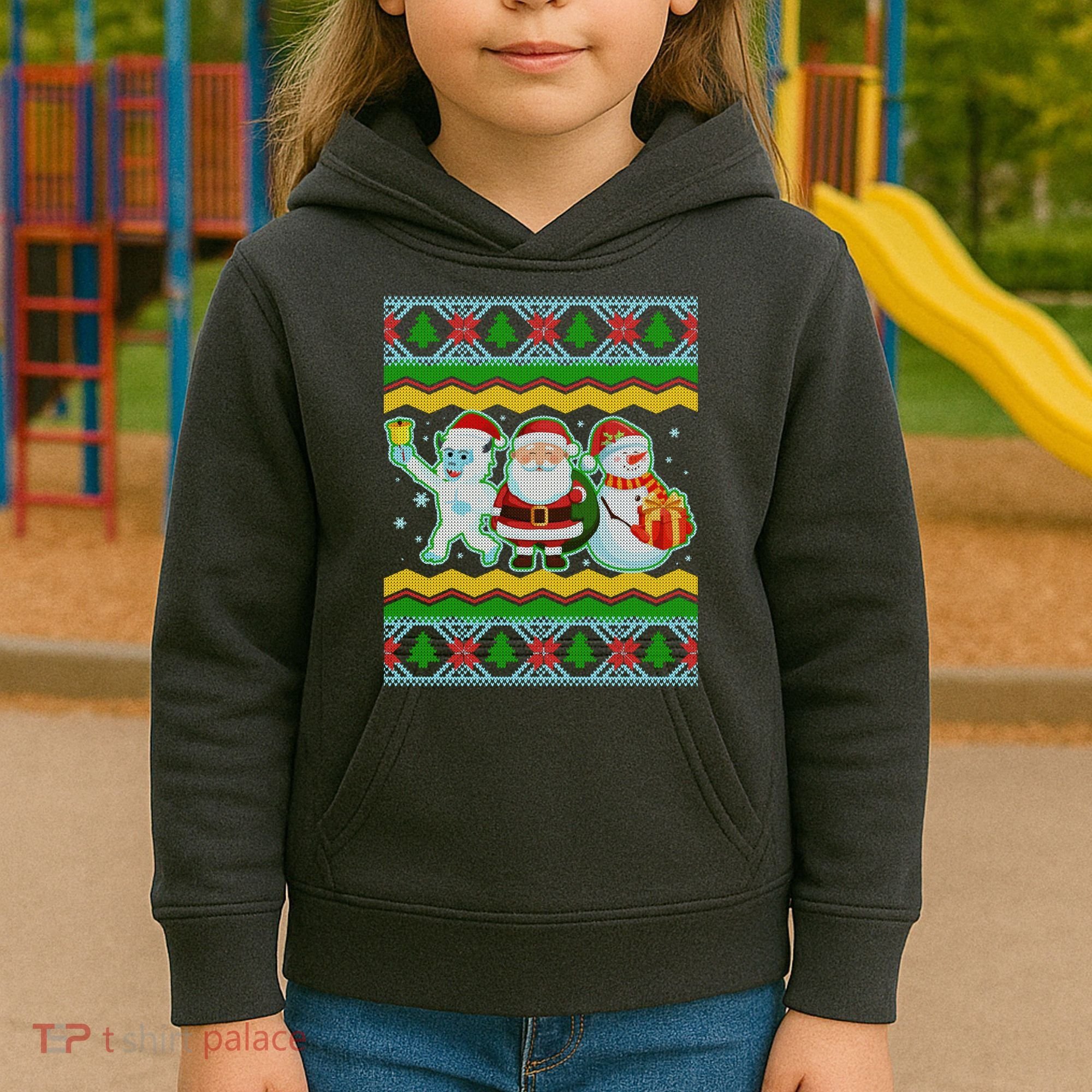 Cute Yeti Santa and Snowman Ugly Sweater Kids Hoodie