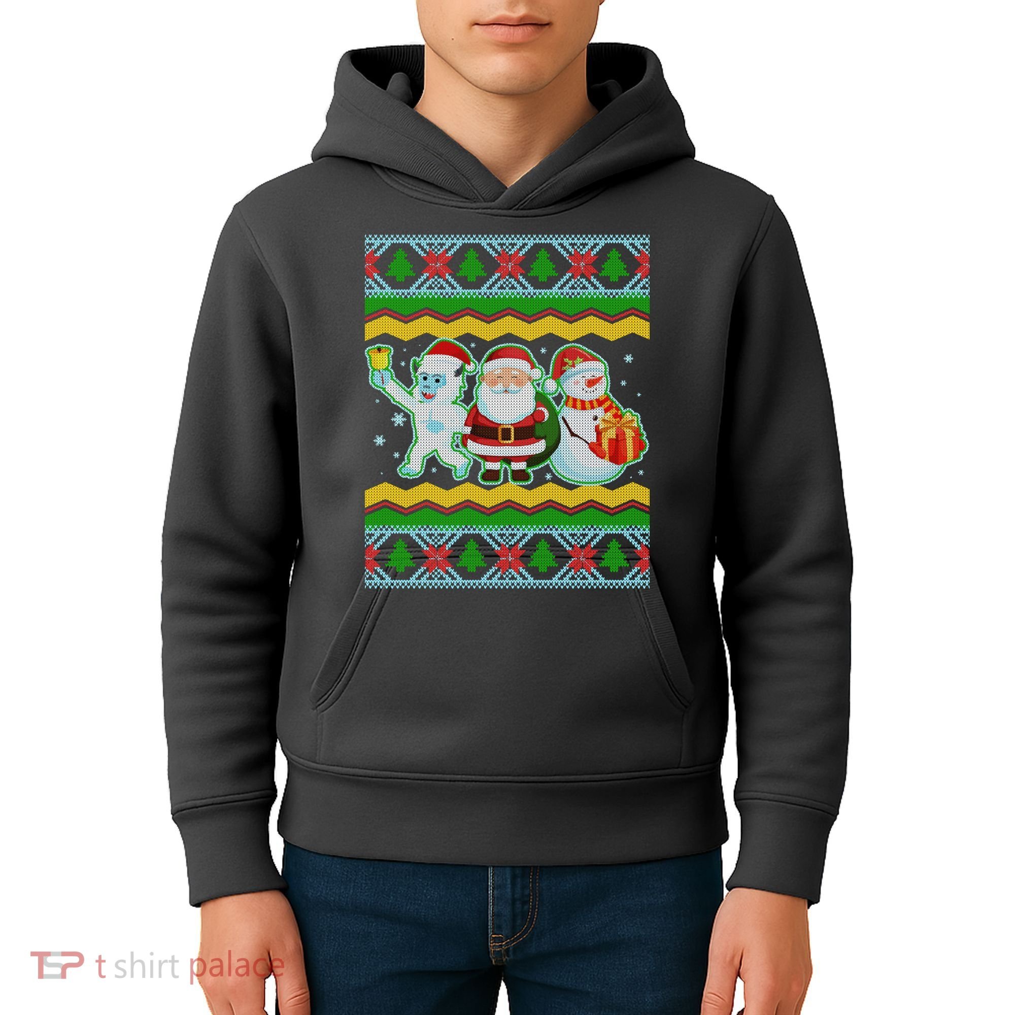 Cute Yeti Santa and Snowman Ugly Sweater Kids Hoodie