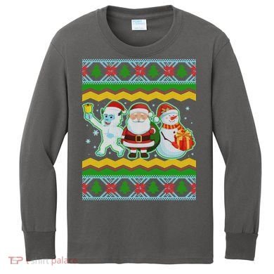 Cute Yeti Santa and Snowman Ugly Sweater Kids Long Sleeve Shirt