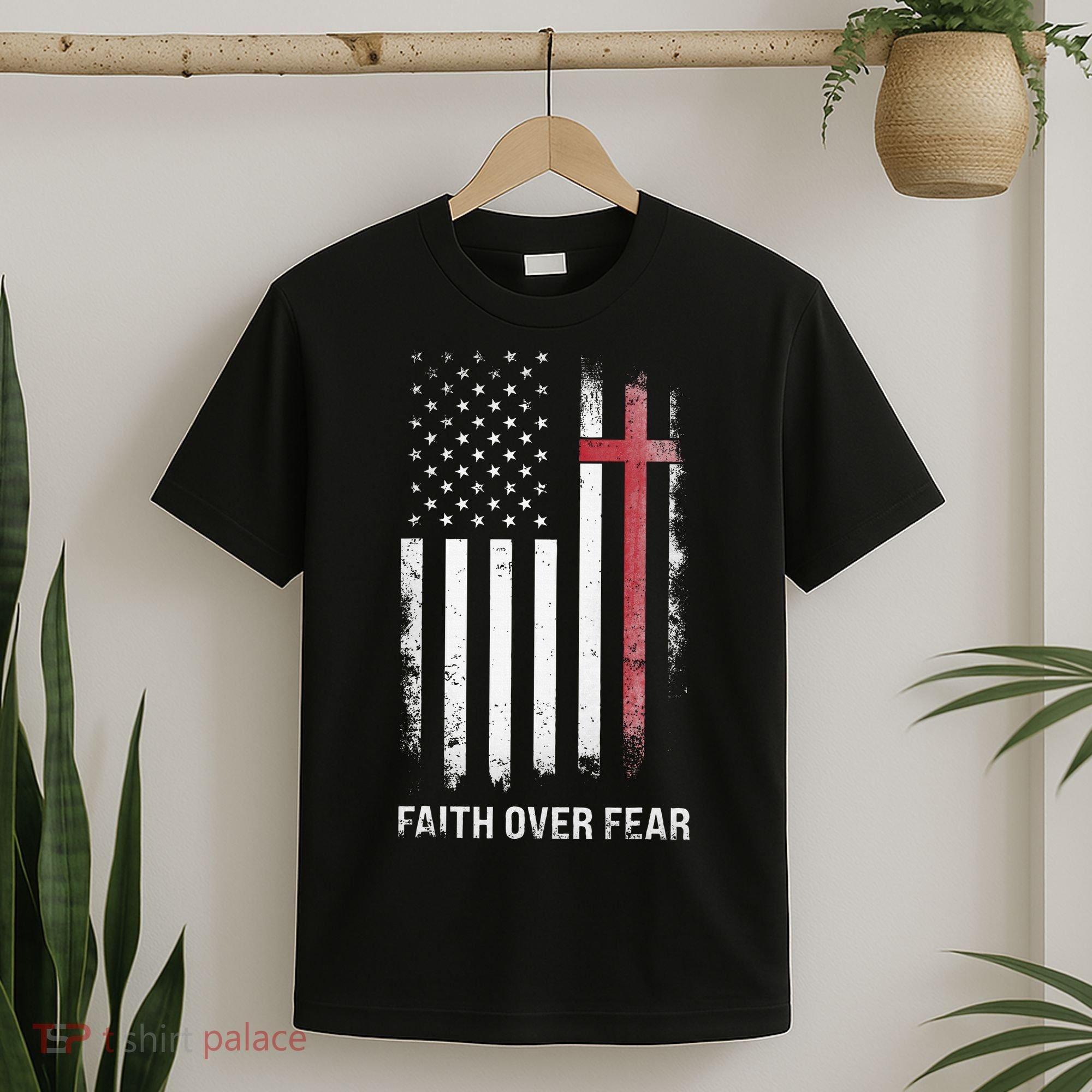 Christian Us Usa Flag American Christ Faith Over Fear Cross T-Shirt