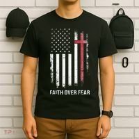 Christian Us Usa Flag American Christ Faith Over Fear Cross T-Shirt thumb 6