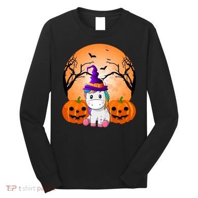 Cute Unicorn Witch Jack O Lantern Halloween Long Sleeve Shirt