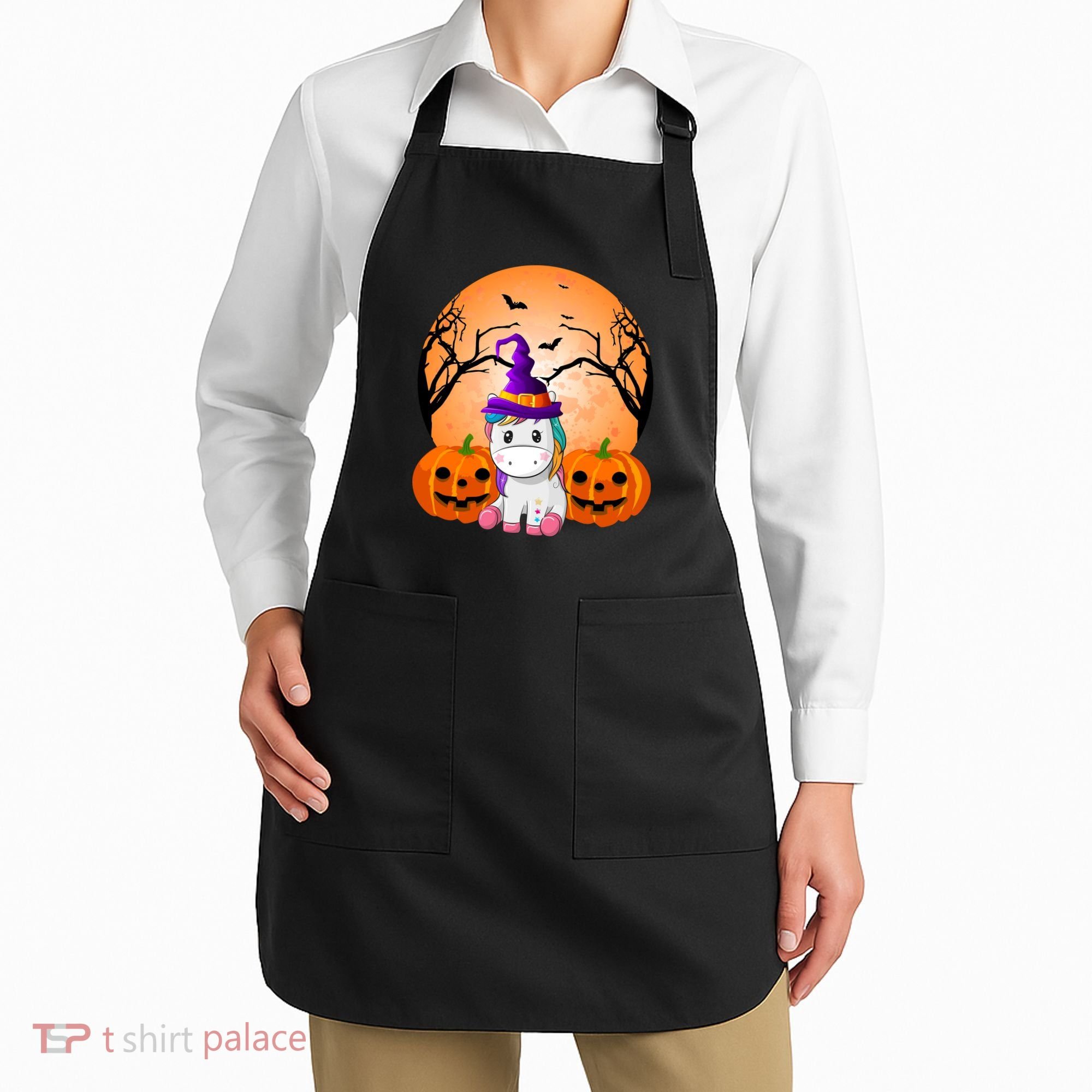 Cute Unicorn Witch Jack O Lantern Halloween Apron
