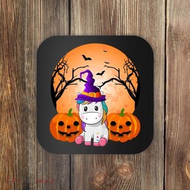 Cute Unicorn Witch Jack O Lantern Halloween Coaster
