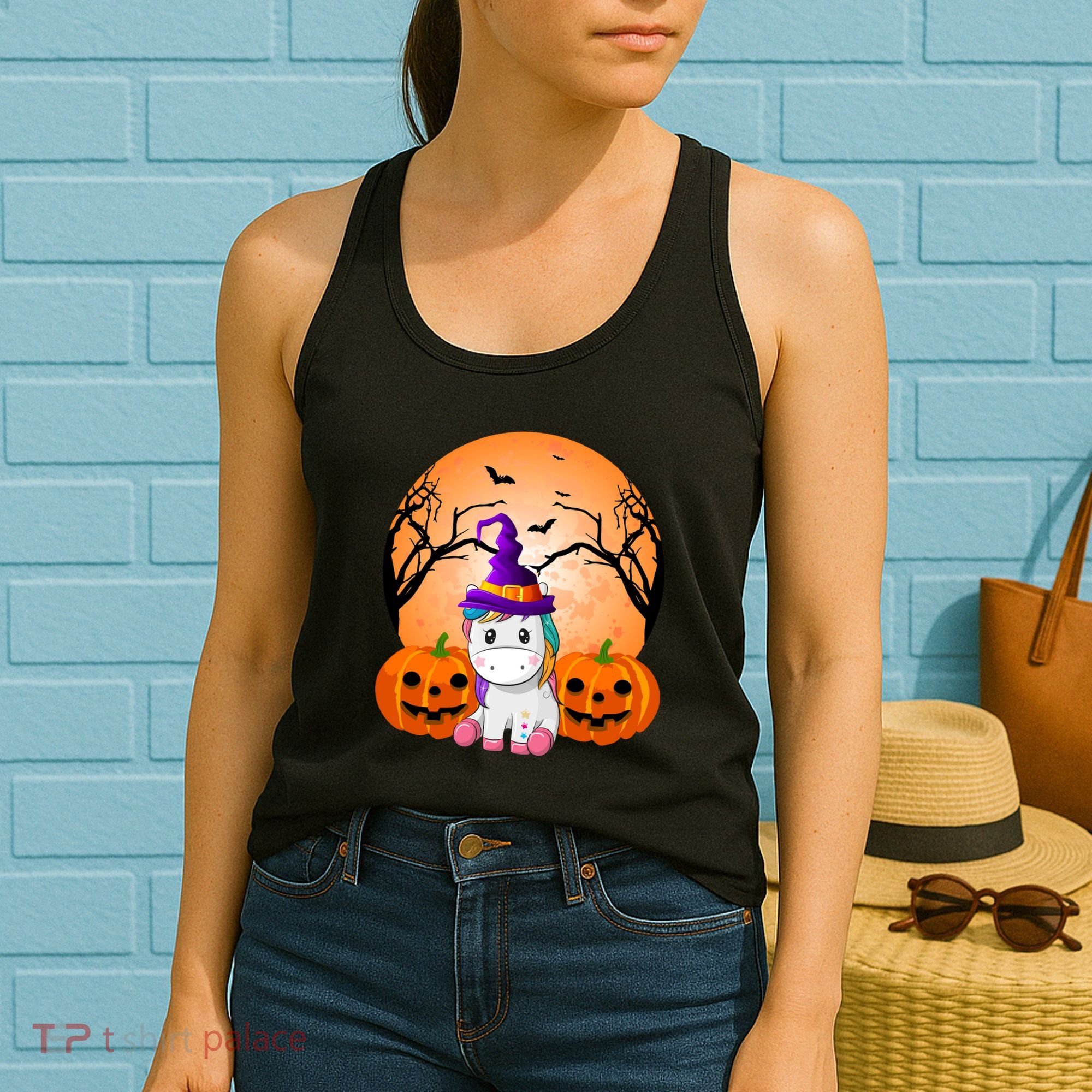 Cute Unicorn Witch Jack O Lantern Halloween Women's Tank Top