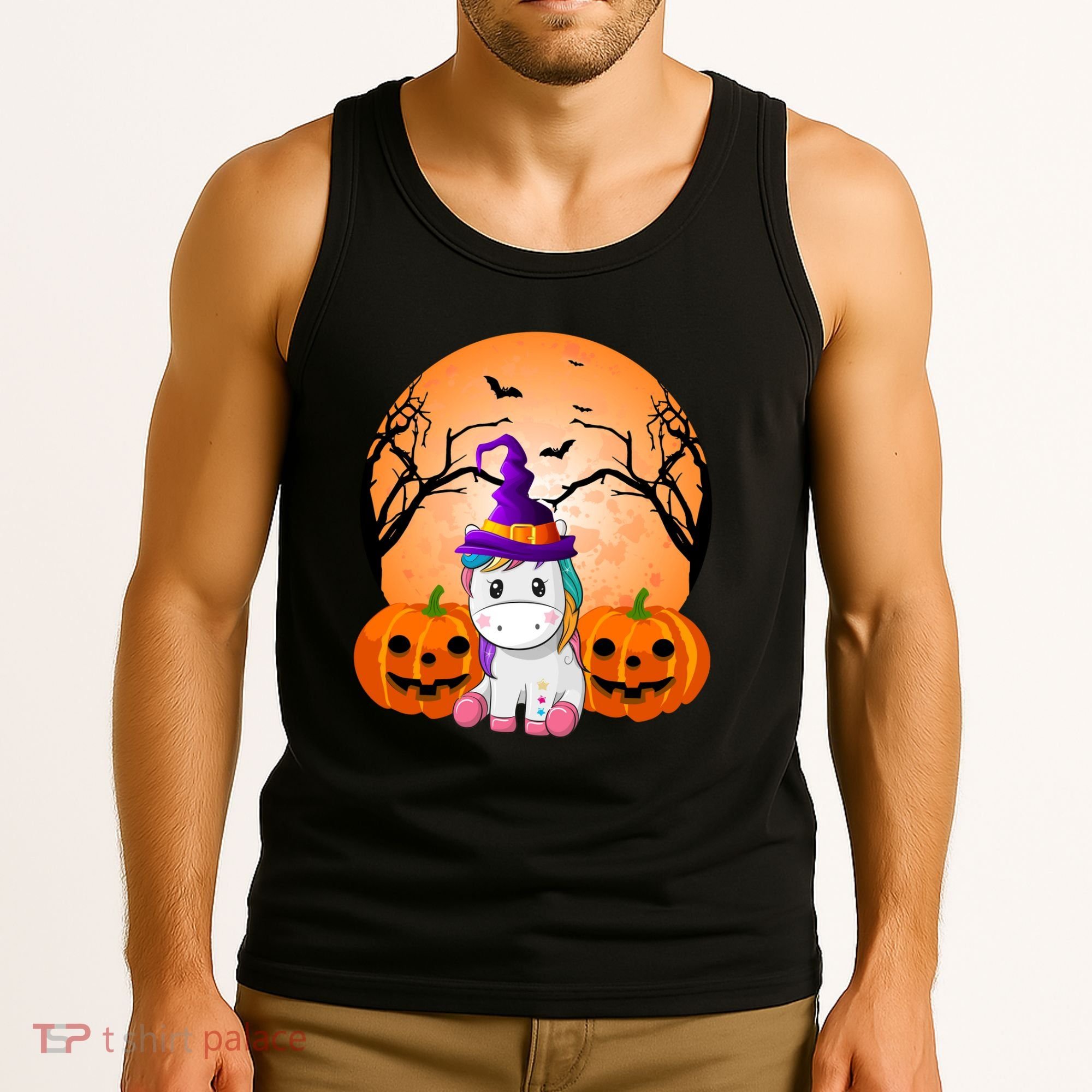 Cute Unicorn Witch Jack O Lantern Halloween Tank Top