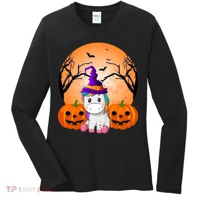 Cute Unicorn Witch Jack O Lantern Halloween Women's Long Sleeve Shirt