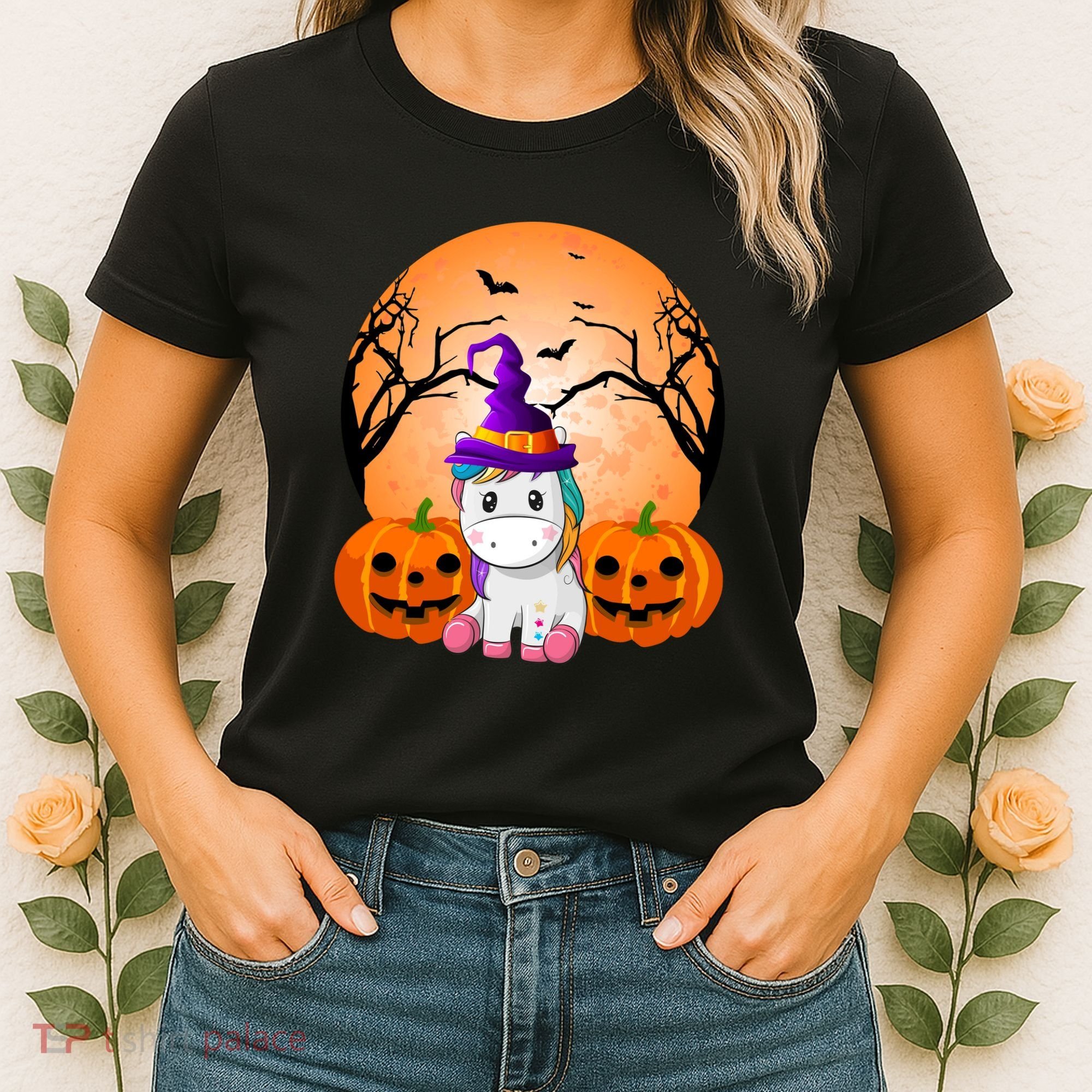 Cute Unicorn Witch Jack O Lantern Halloween Women's T-Shirt