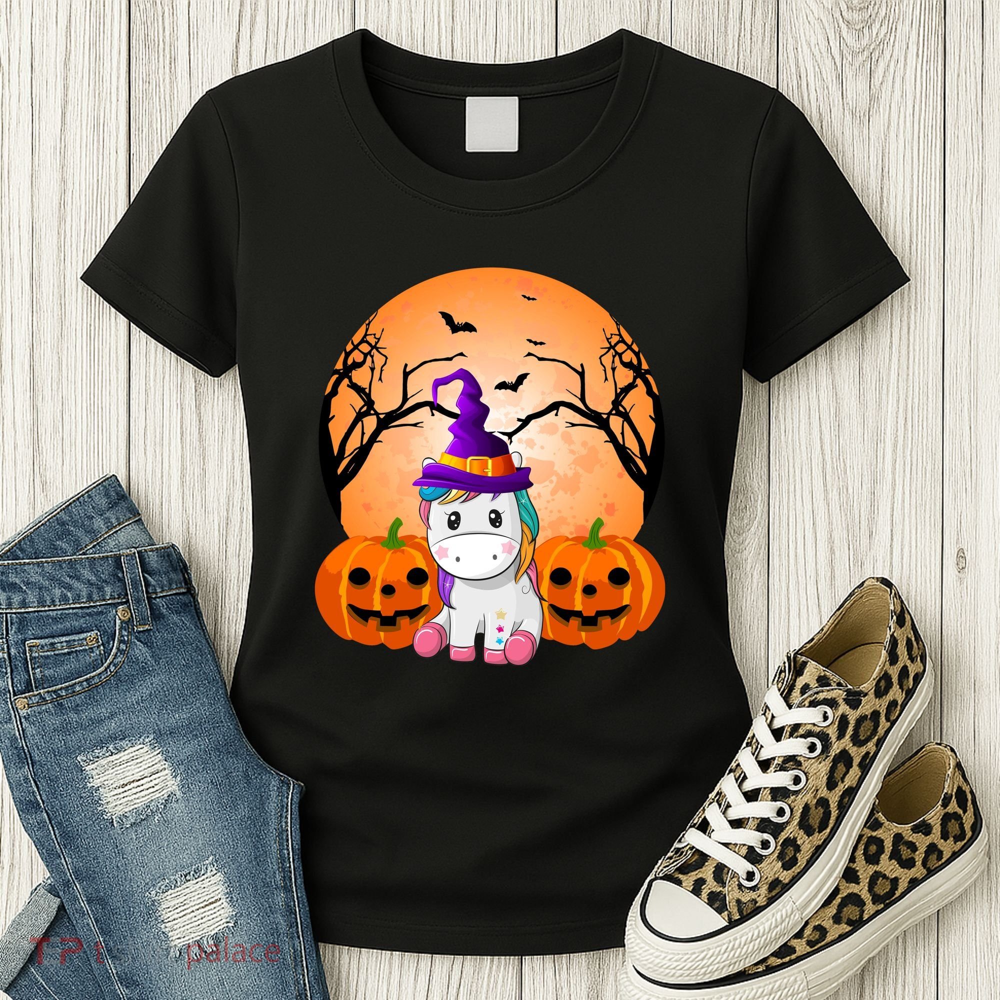 Cute Unicorn Witch Jack O Lantern Halloween Women's T-Shirt