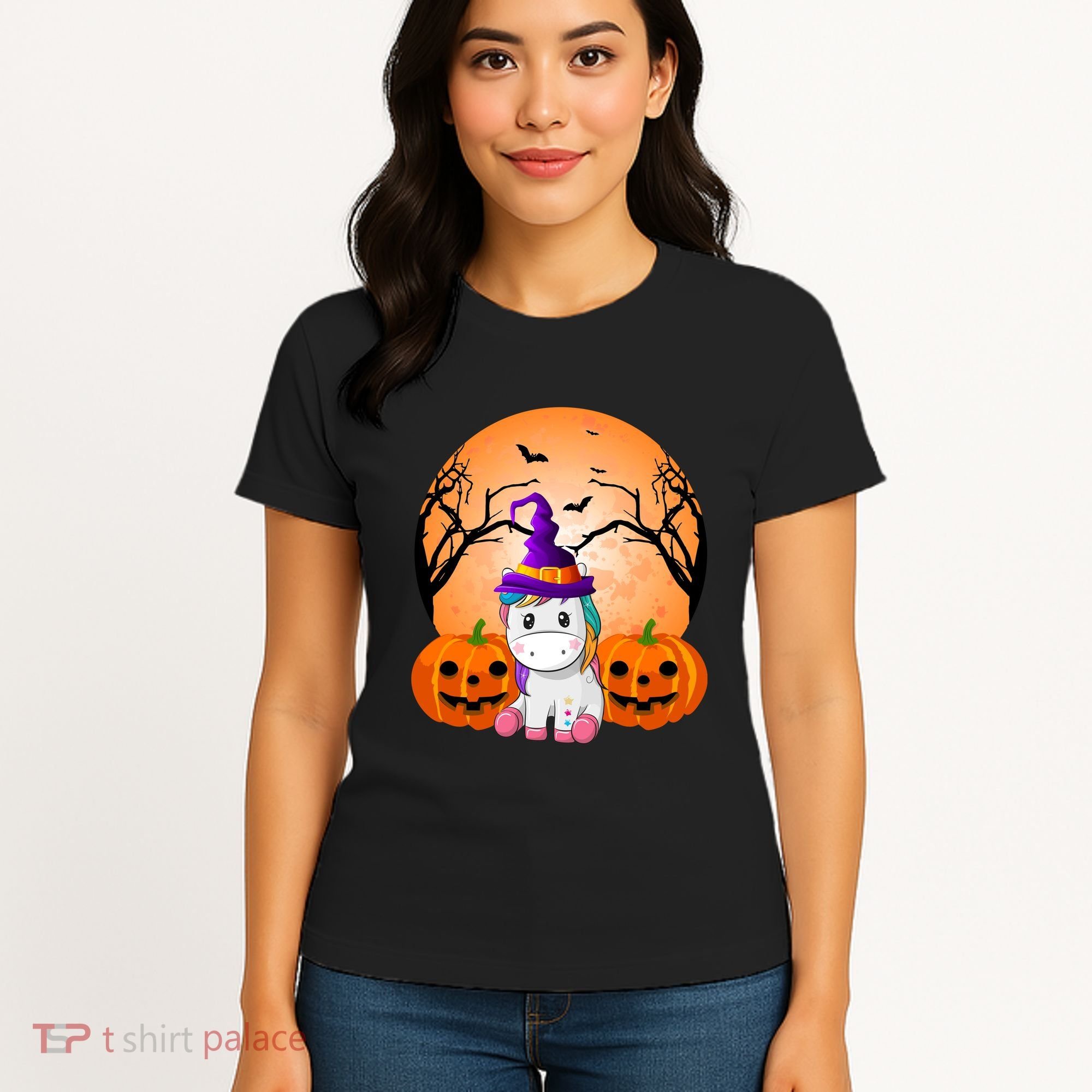Cute Unicorn Witch Jack O Lantern Halloween Women's T-Shirt