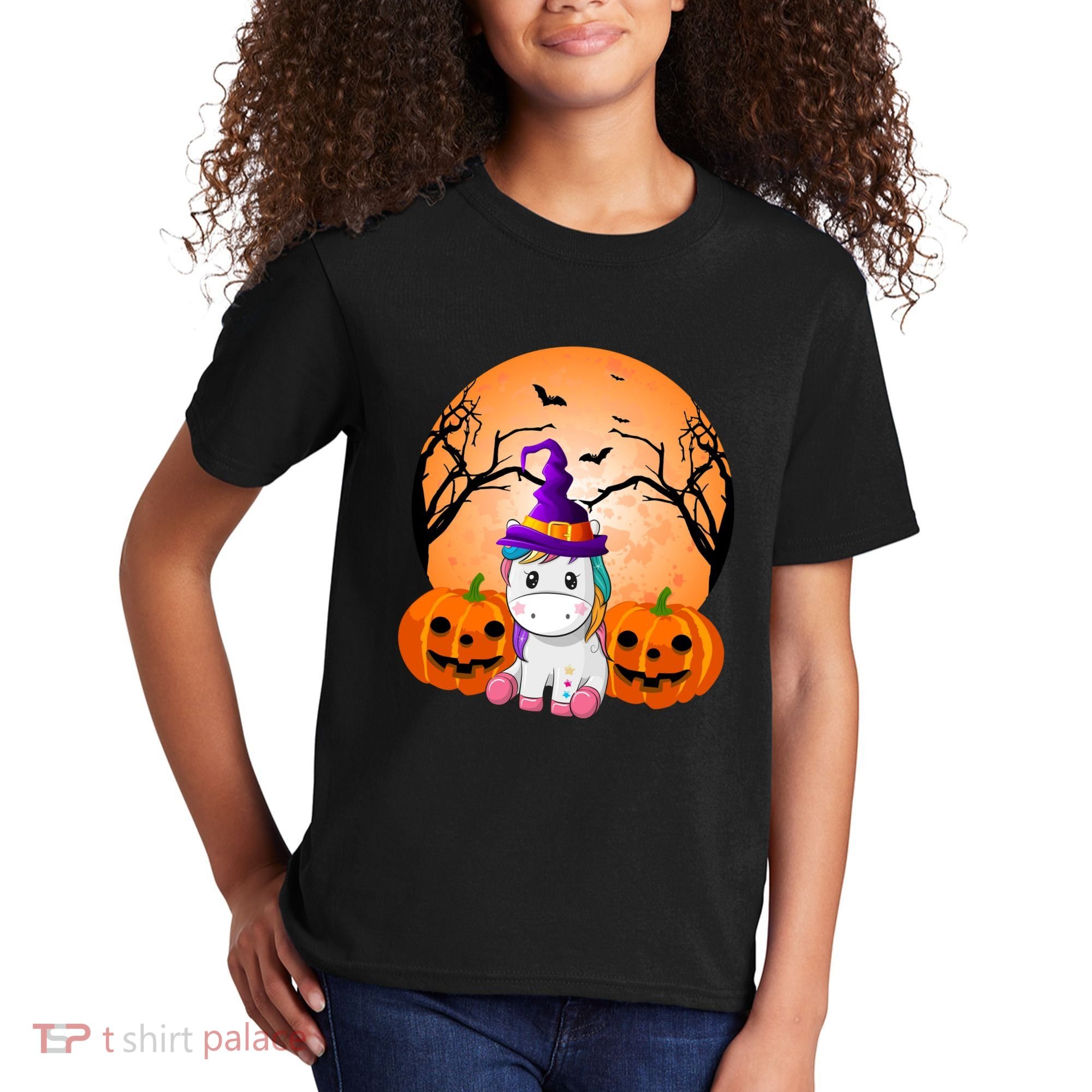 Cute Unicorn Witch Jack O Lantern Halloween Kids T-Shirt