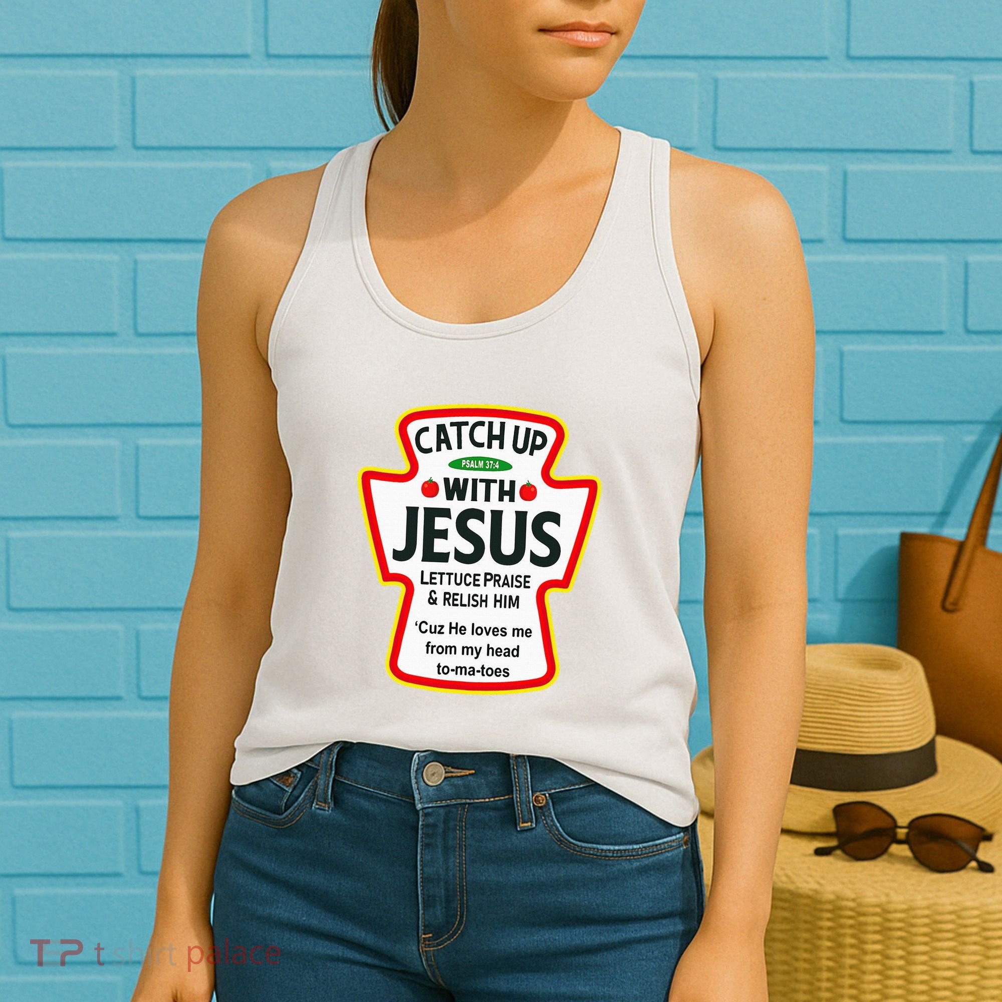 Catch Up With Jesus Ketchup Funny Christian Women's Tank Top