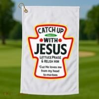 Catch Up With Jesus Ketchup Funny Christian Golf Towel thumb 1
