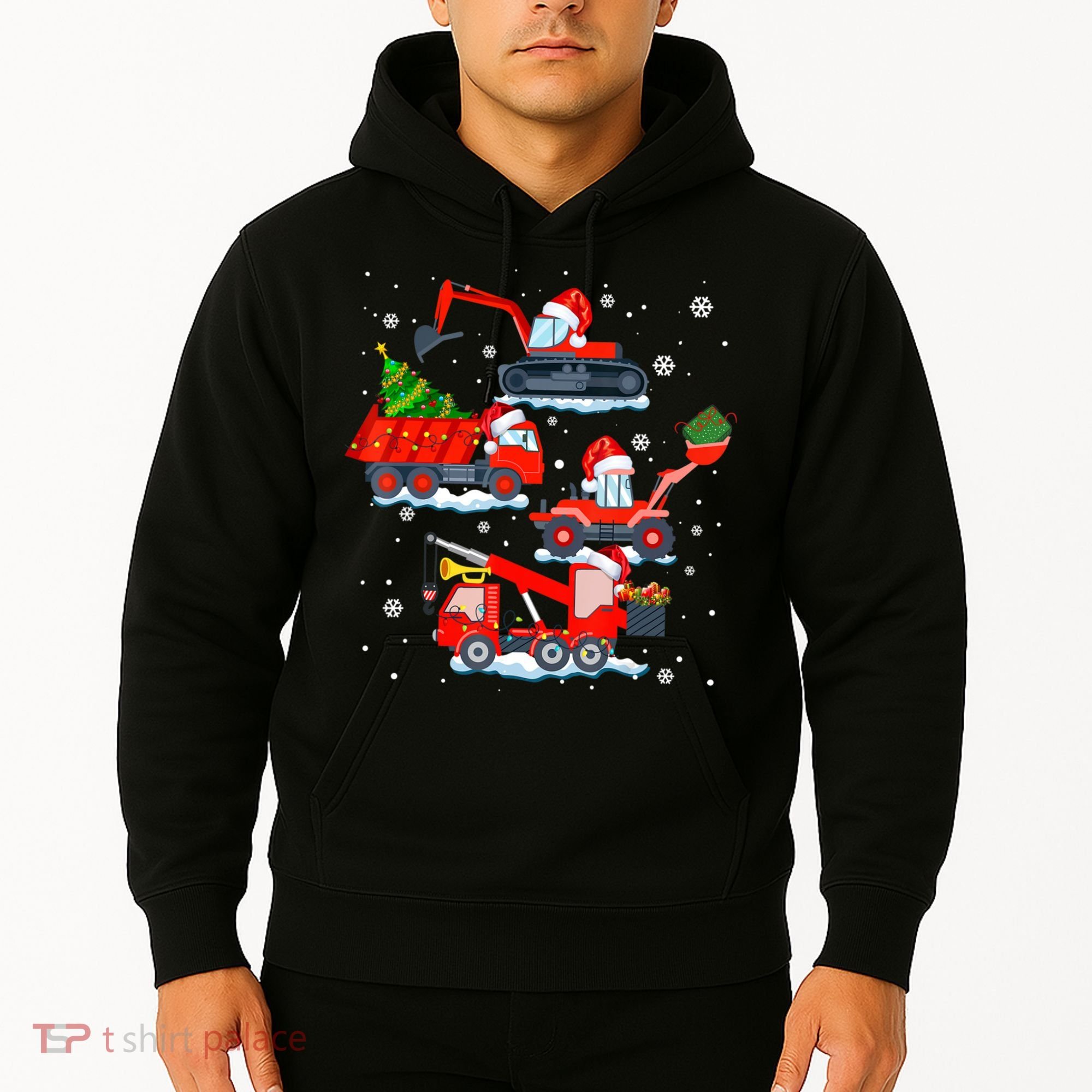 Construction Vehicle Christmas Red Trucks Winter Boys Hoodie