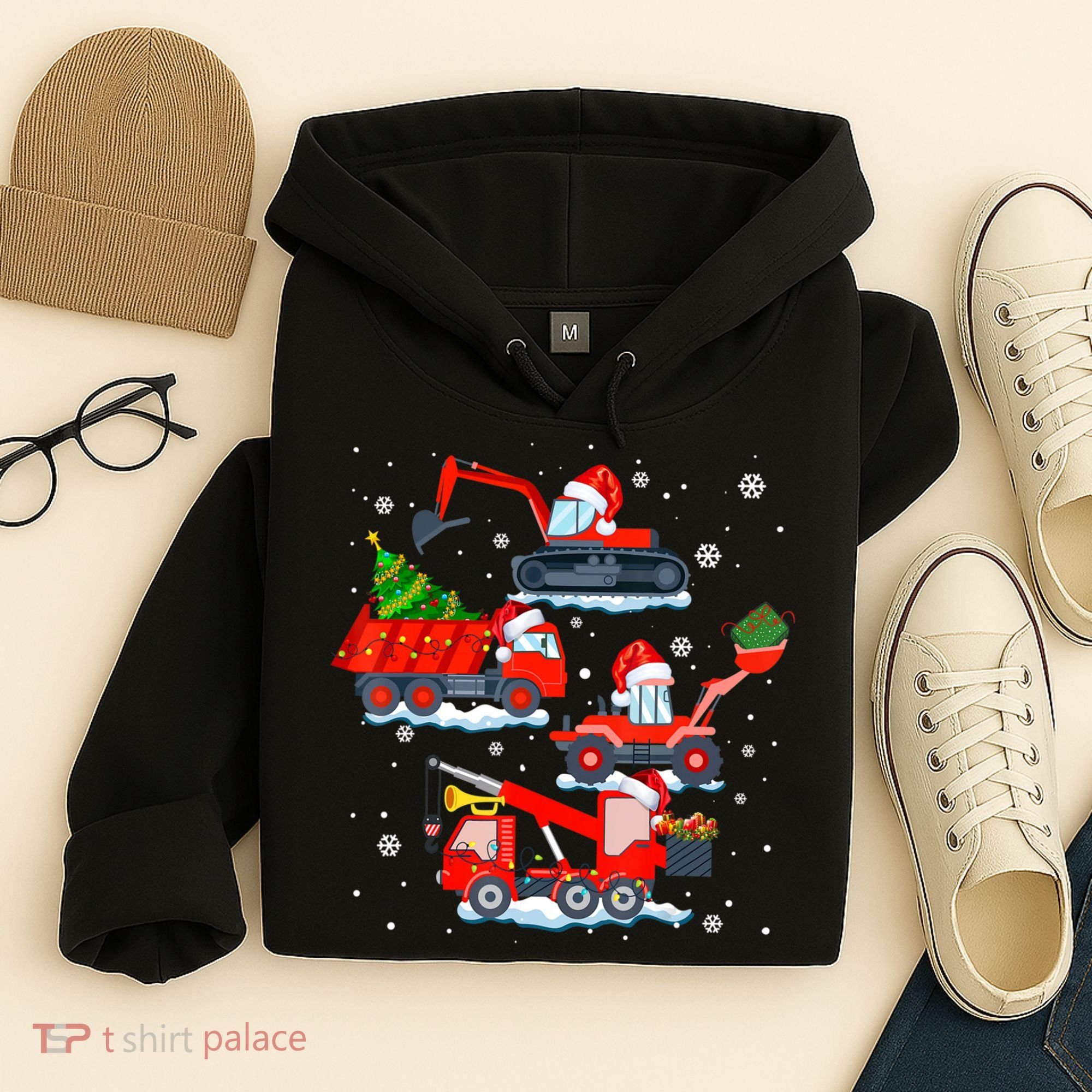 Construction Vehicle Christmas Red Trucks Winter Boys Hoodie