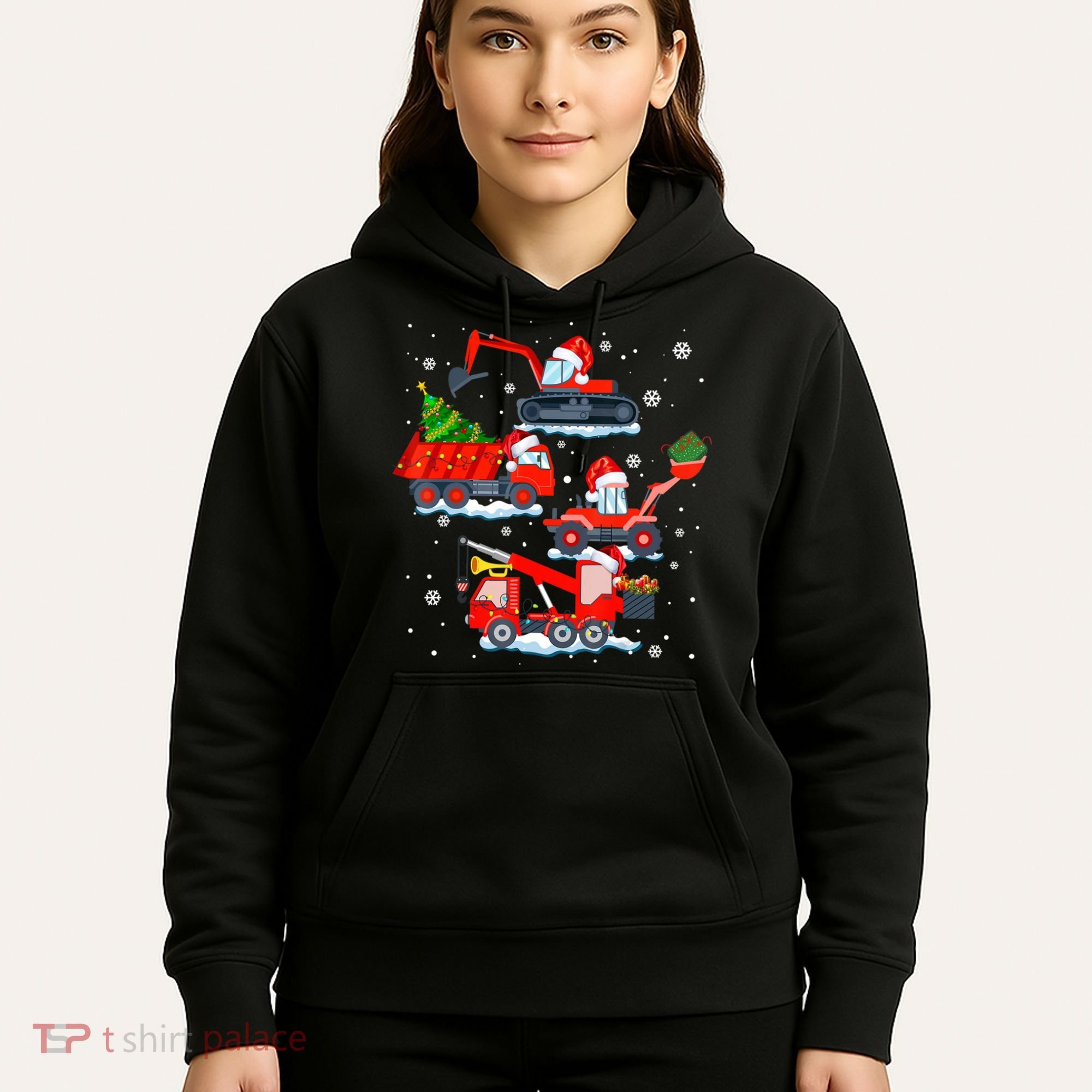 Construction Vehicle Christmas Red Trucks Winter Boys Hoodie
