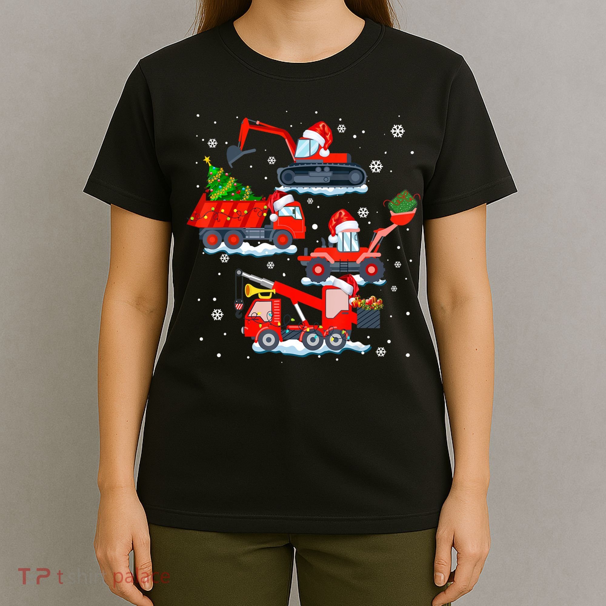 Construction Vehicle Christmas Red Trucks Winter Boys T-Shirt