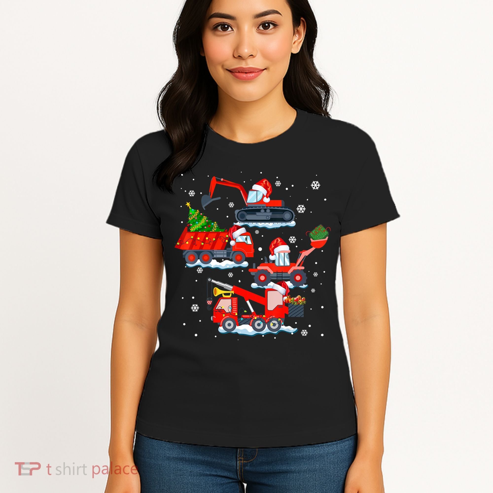 Construction Vehicle Christmas Red Trucks Winter Boys Women's T-Shirt