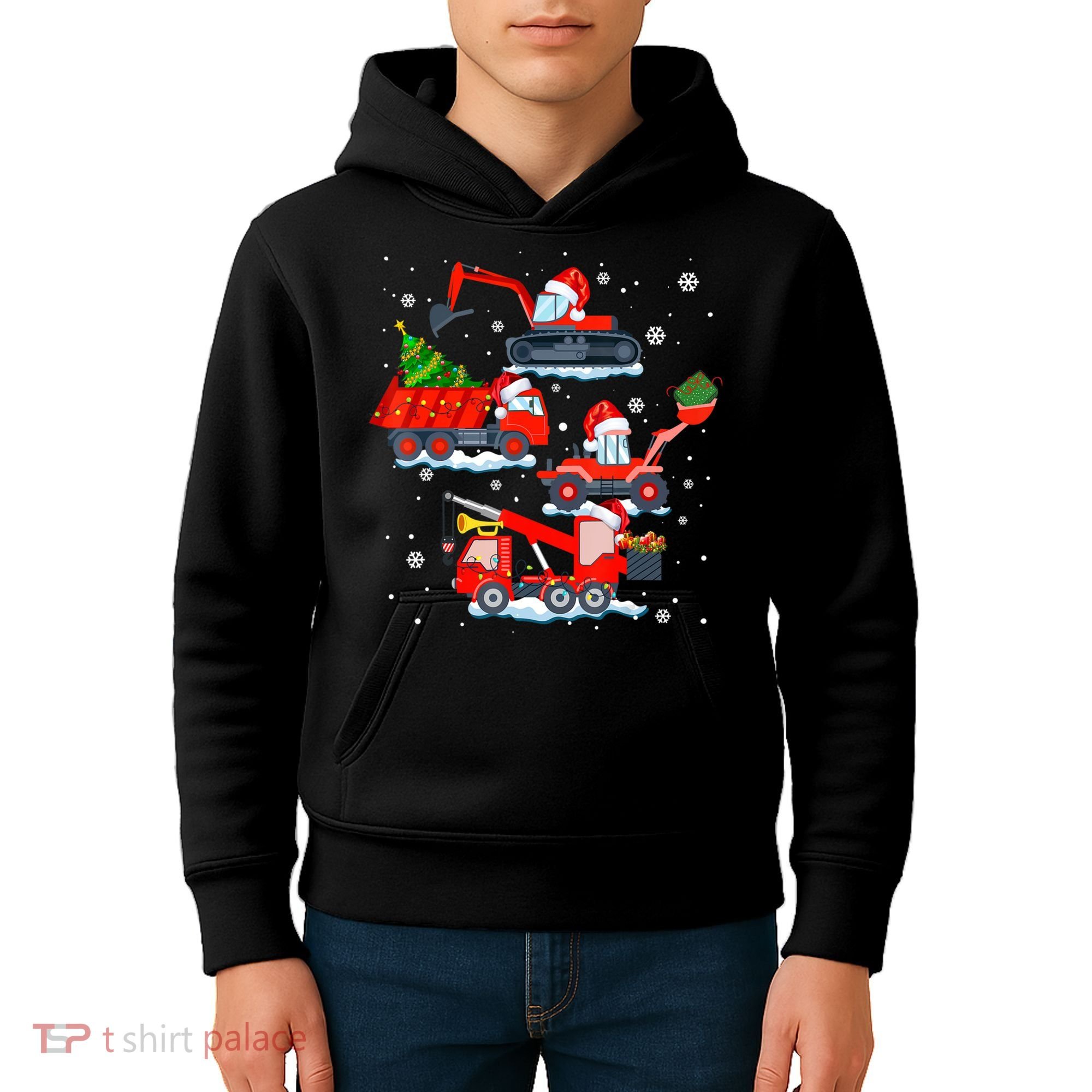 Construction Vehicle Christmas Red Trucks Winter Boys Kids Hoodie