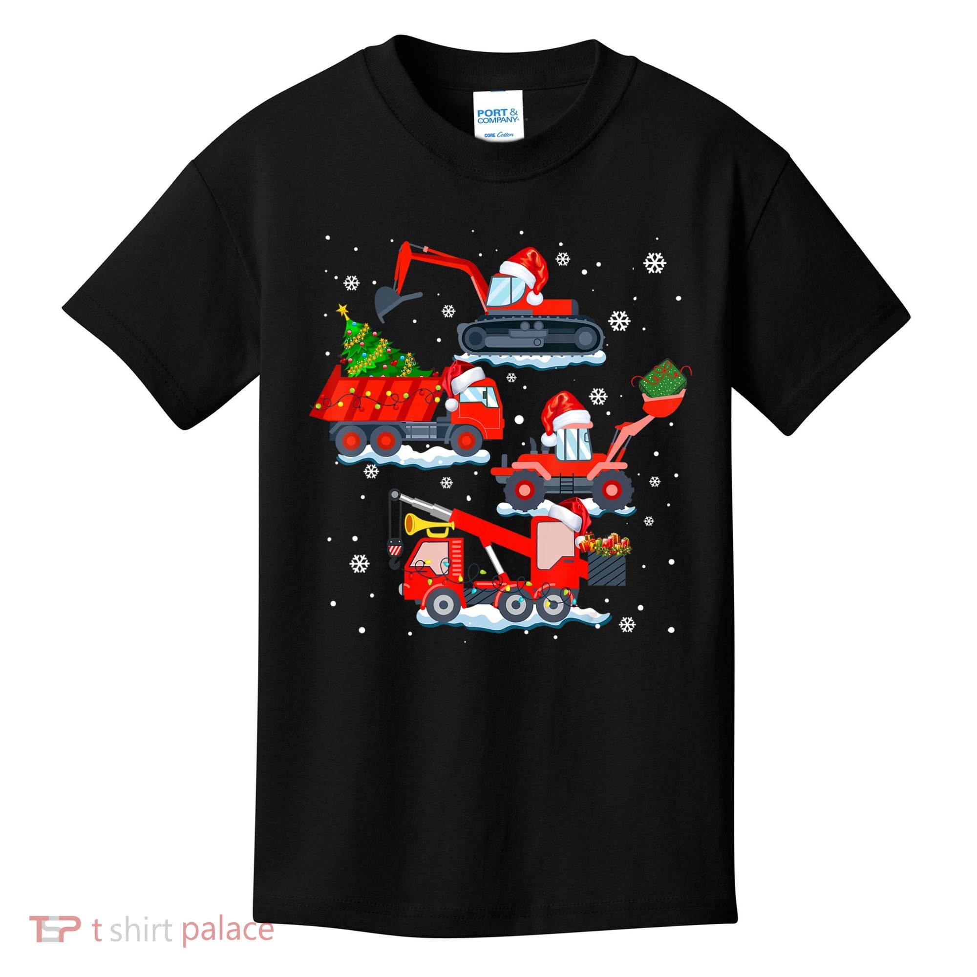 Construction Vehicle Christmas Red Trucks Winter Boys Kids T-Shirt