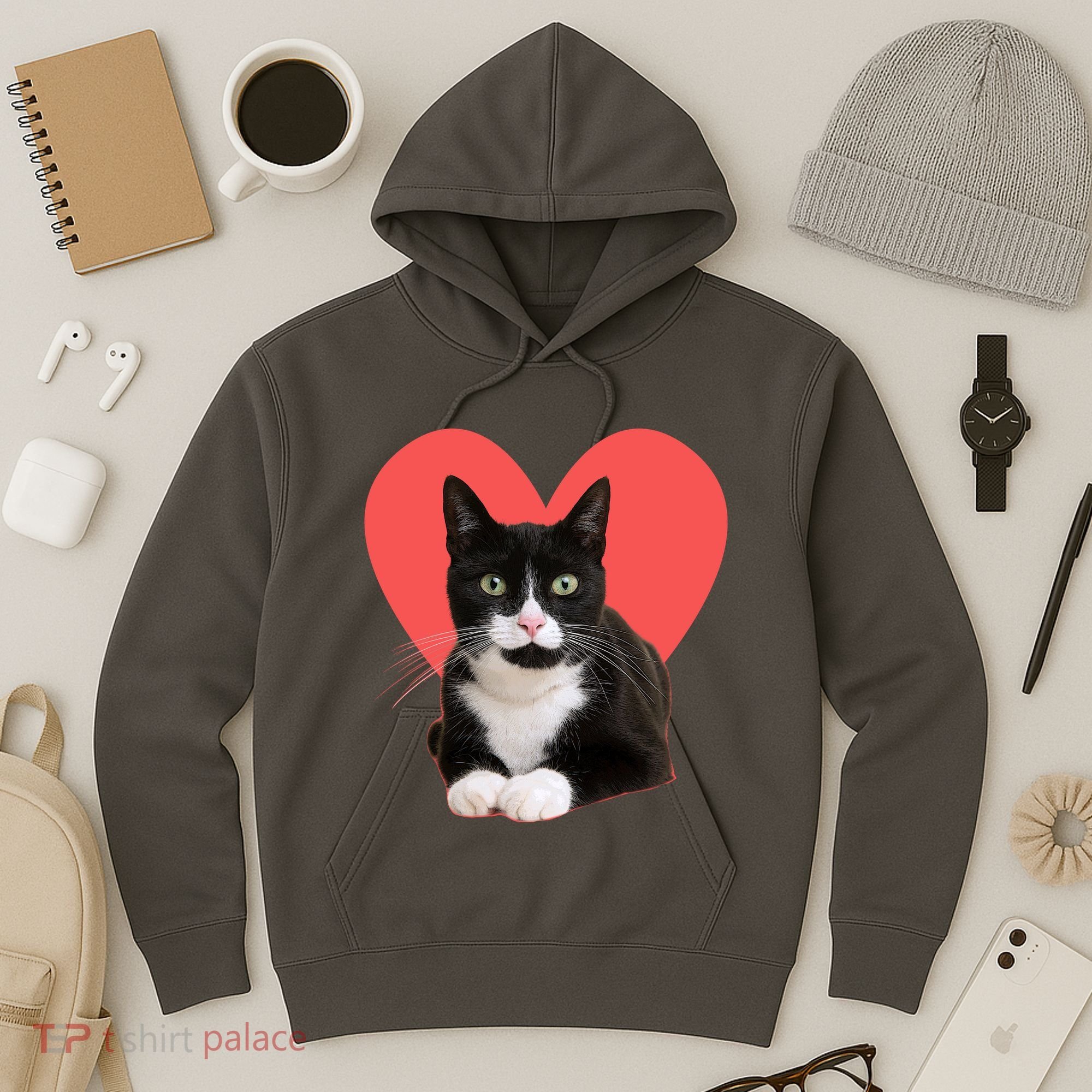 Cute Valentines Day Tuxedo Cat Lover Hoodie