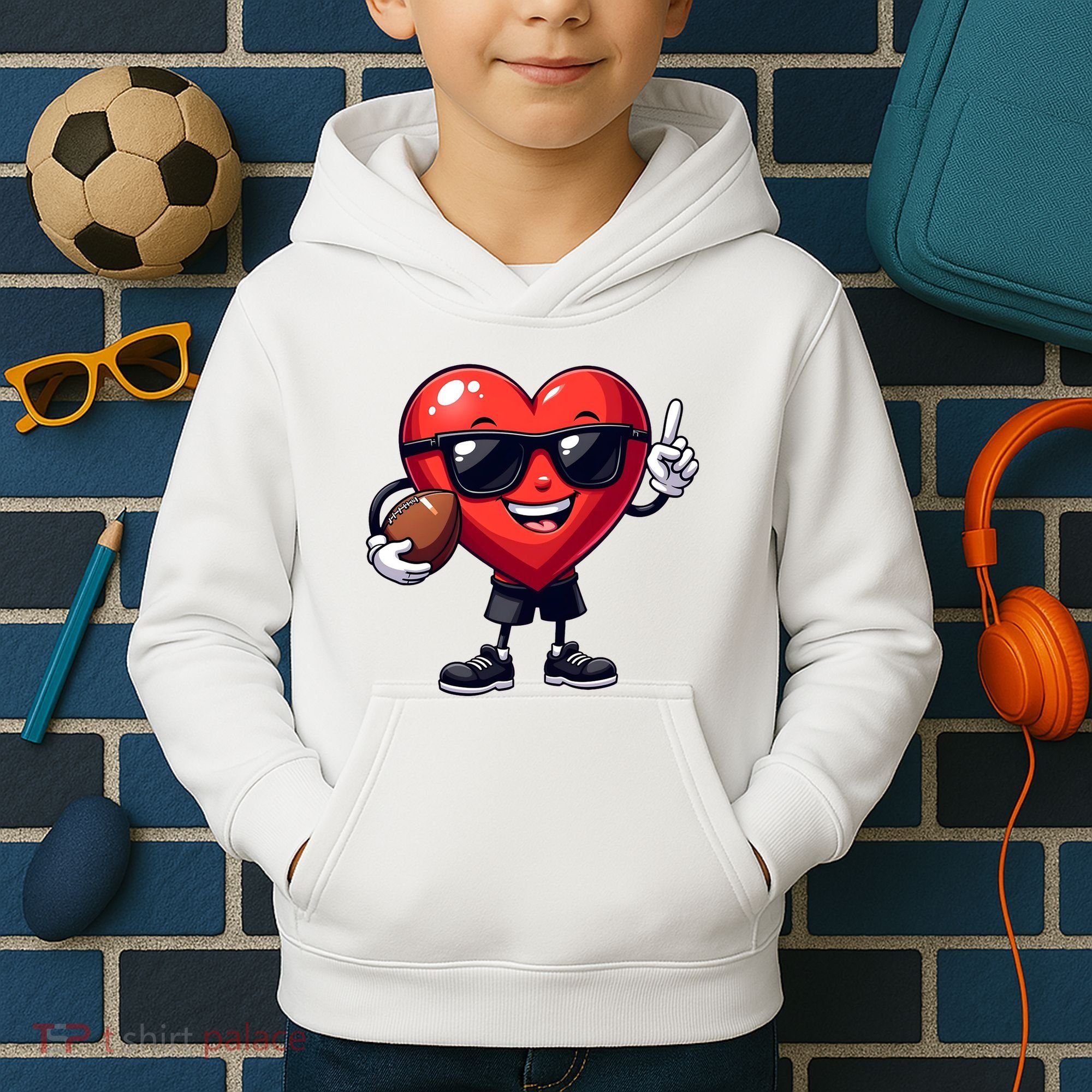 Cute Valentines Day Heart Playing Football Kids Hoodie