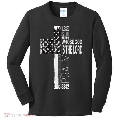 Christian Veteran Distressed American Flag Religious Kids Long Sleeve Shirt