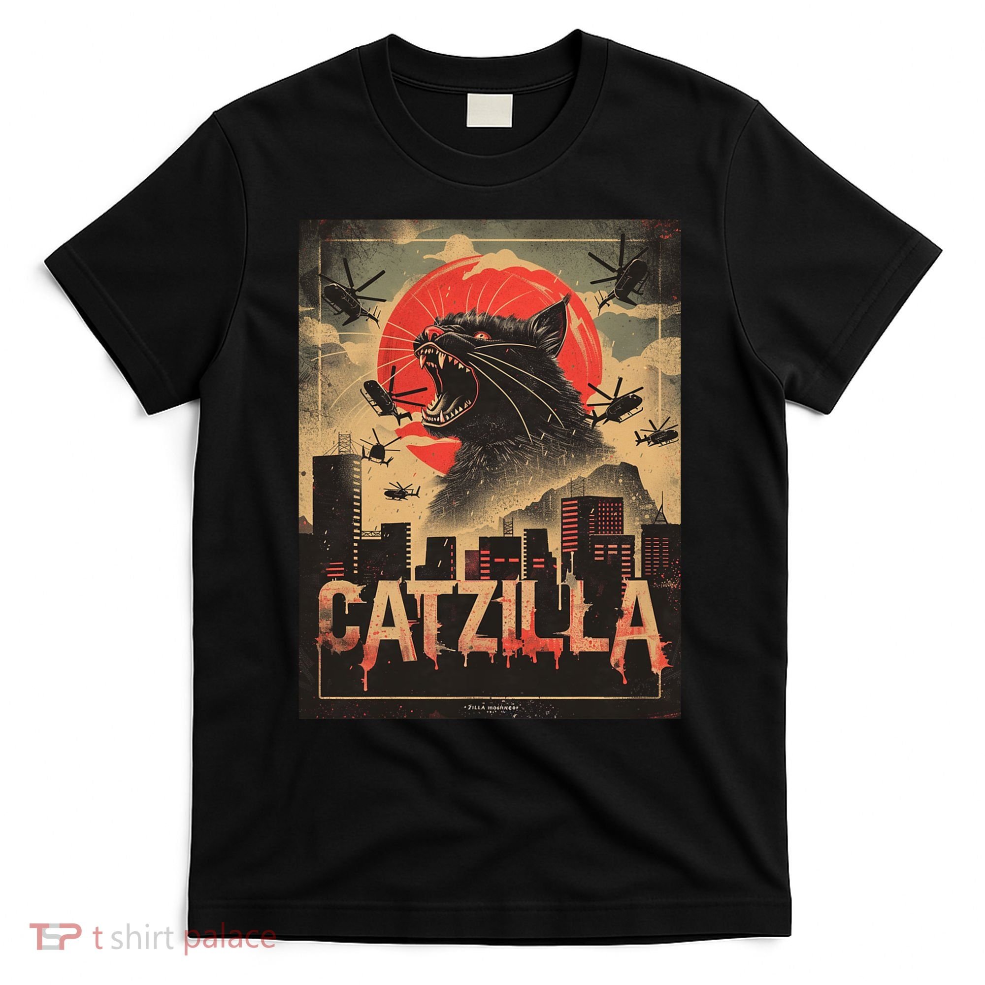 Catzilla Vintage Funny Cat Japanese Sunset Kitten Lover T-Shirt
