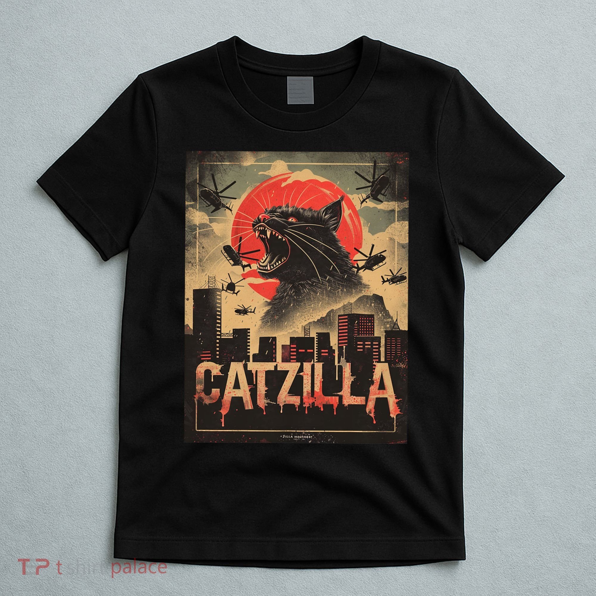 Catzilla Vintage Funny Cat Japanese Sunset Kitten Lover T-Shirt