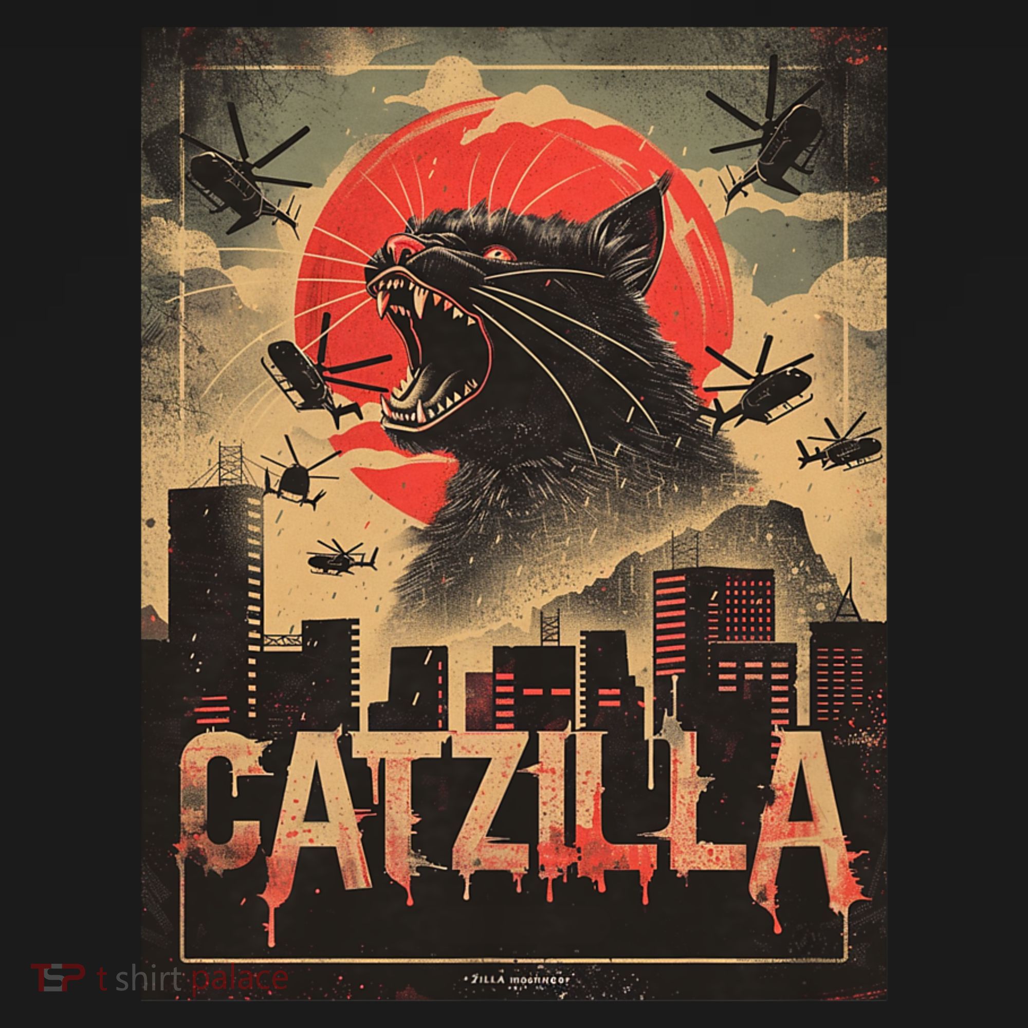 Catzilla Vintage Funny Cat Japanese Sunset Kitten Lover T-Shirt