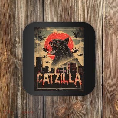 Catzilla Vintage Funny Cat Japanese Sunset Kitten Lover Coaster