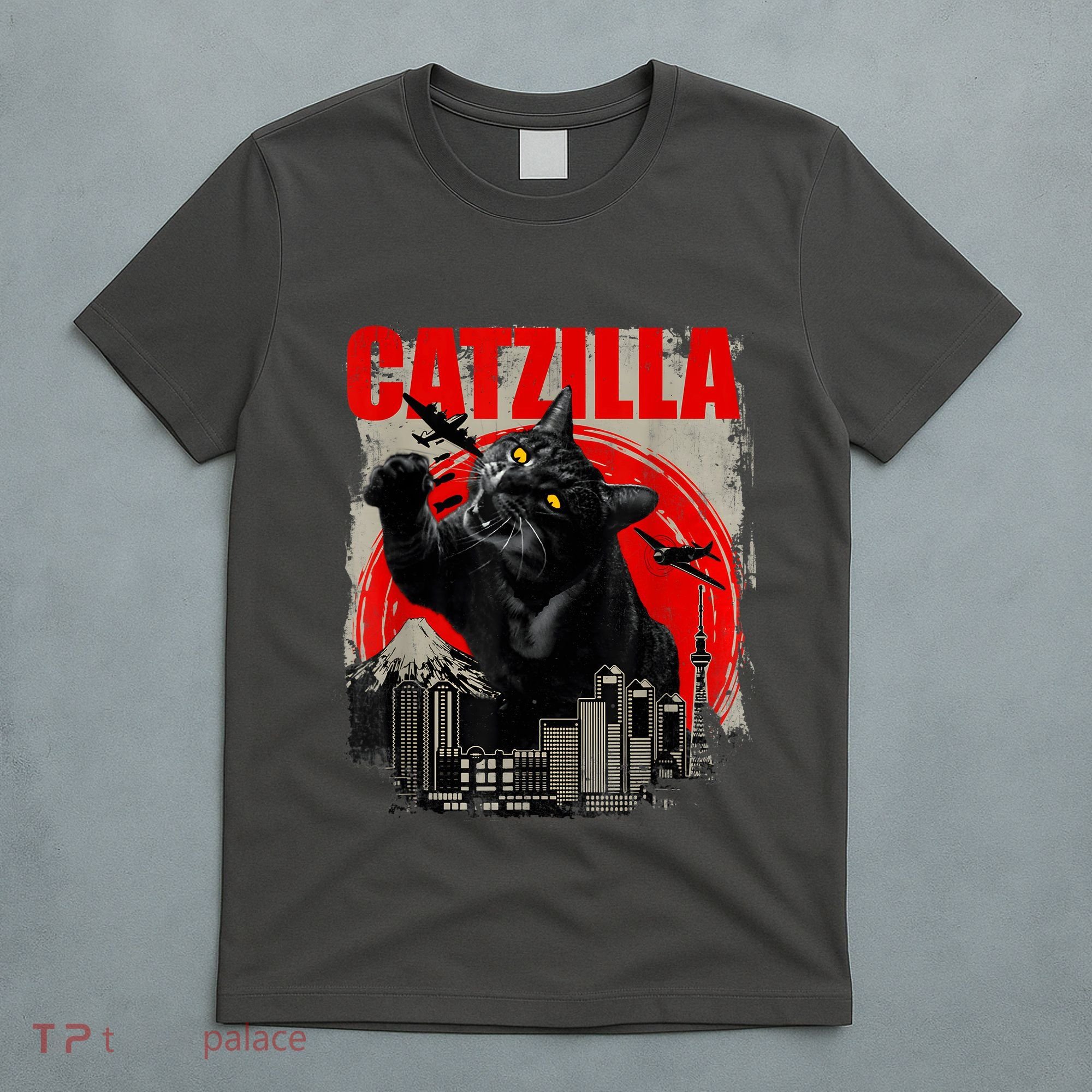 Catzilla Vintage Funny Cute Cat Art Japanese Sunset Kitten Kitty T-Shirt