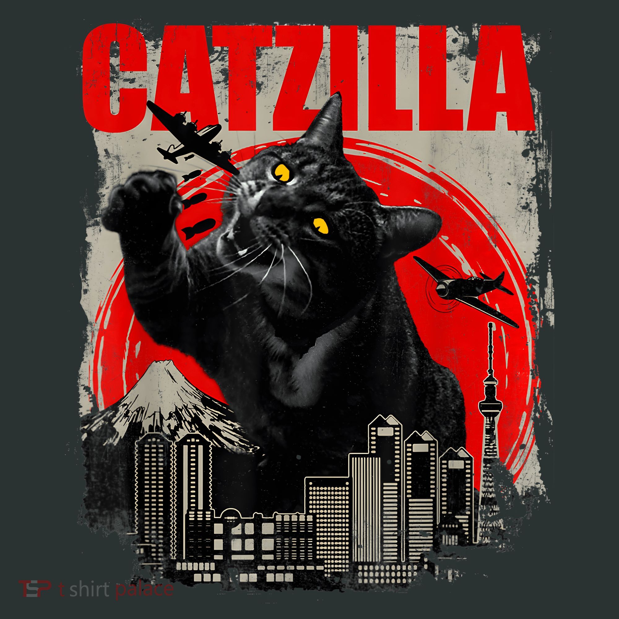 Catzilla Vintage Funny Cute Cat Art Japanese Sunset Kitten Kitty T-Shirt